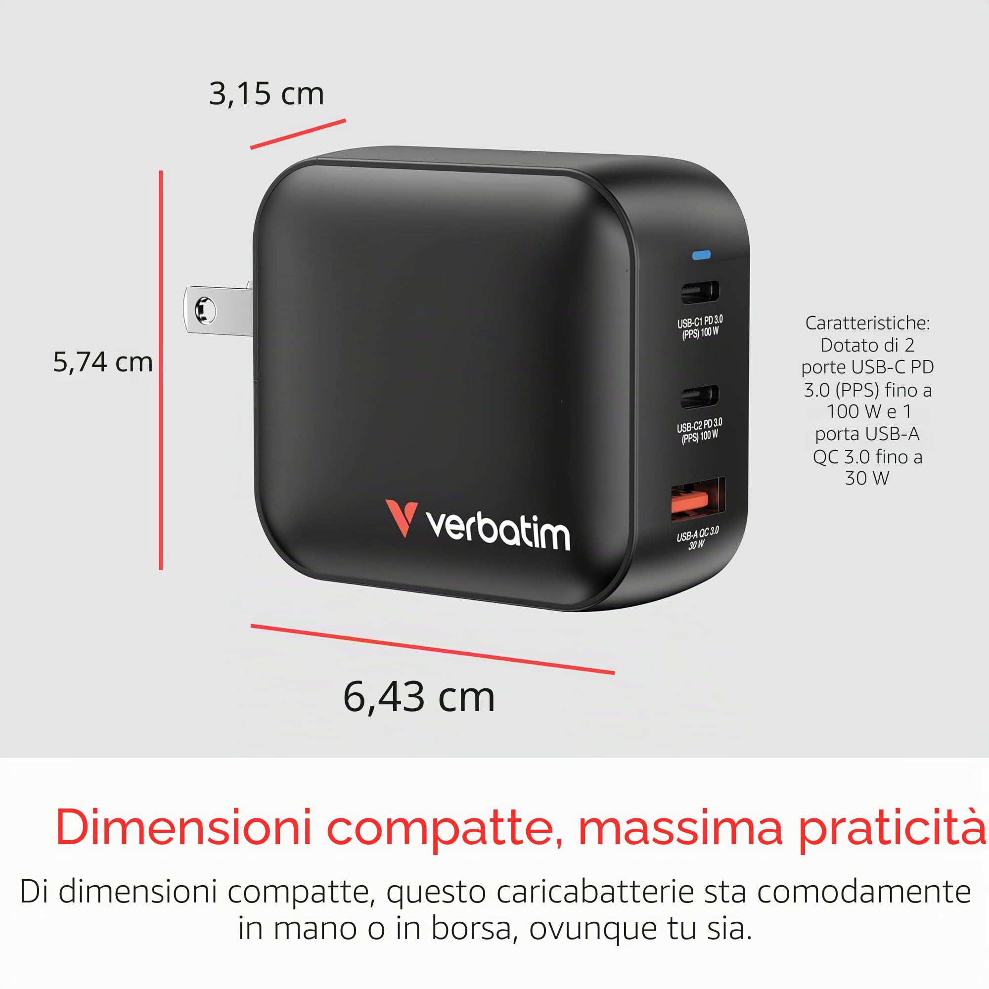 Verbatim Mini GaN Charger 100W 3 Porte USB-C Caricabatterie Power Adapter 2 X USB-C & 1 X USB-A Caricatore Rapido Multipresa Apple MacBook, Notebook iPad, iPhone, Samsung & Co, per UK, USA