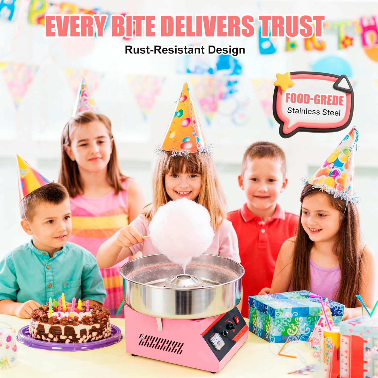 Cotton Candy Machine Commercial, 1000W Professional Cotton Candy Maker Machine with Stainless Steel Bowl, Sugar Scoop and Fuse, Electric Candy Floss Maker for Home Kids Birthday, Family Party, Pink