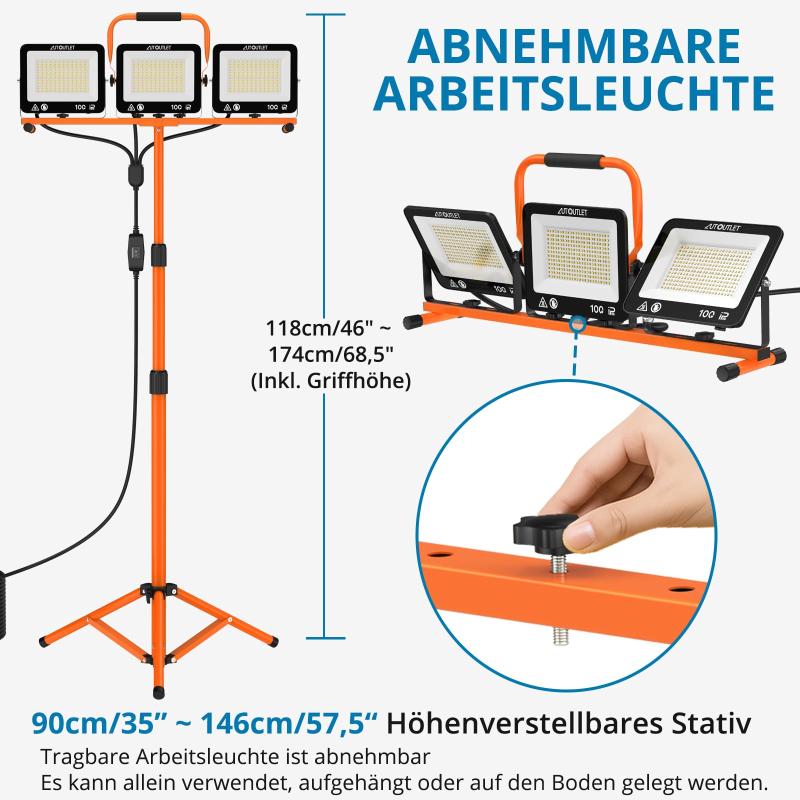 AUTOUTLET Baustrahler LED mit Stativ 300W, 3 Farbtemperaturmodi & 5M Kabel | 27000LM Baulampe, 3000K/5000K/6500K, 118-174cm Höhenverstellbar Stativ, IP66 Wasserdicht, Abnehmbar, für Garage Baustelle