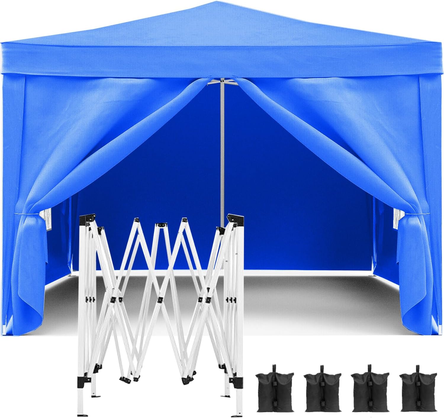 10x10 Pop Up Canopy Tent with 4 Removable Sidewalls Outdoor Portable Gazebo Waterproof Event Shelter for Beach Camping Party Wedding Setup with Weight Bags and Carry Bag, Blue