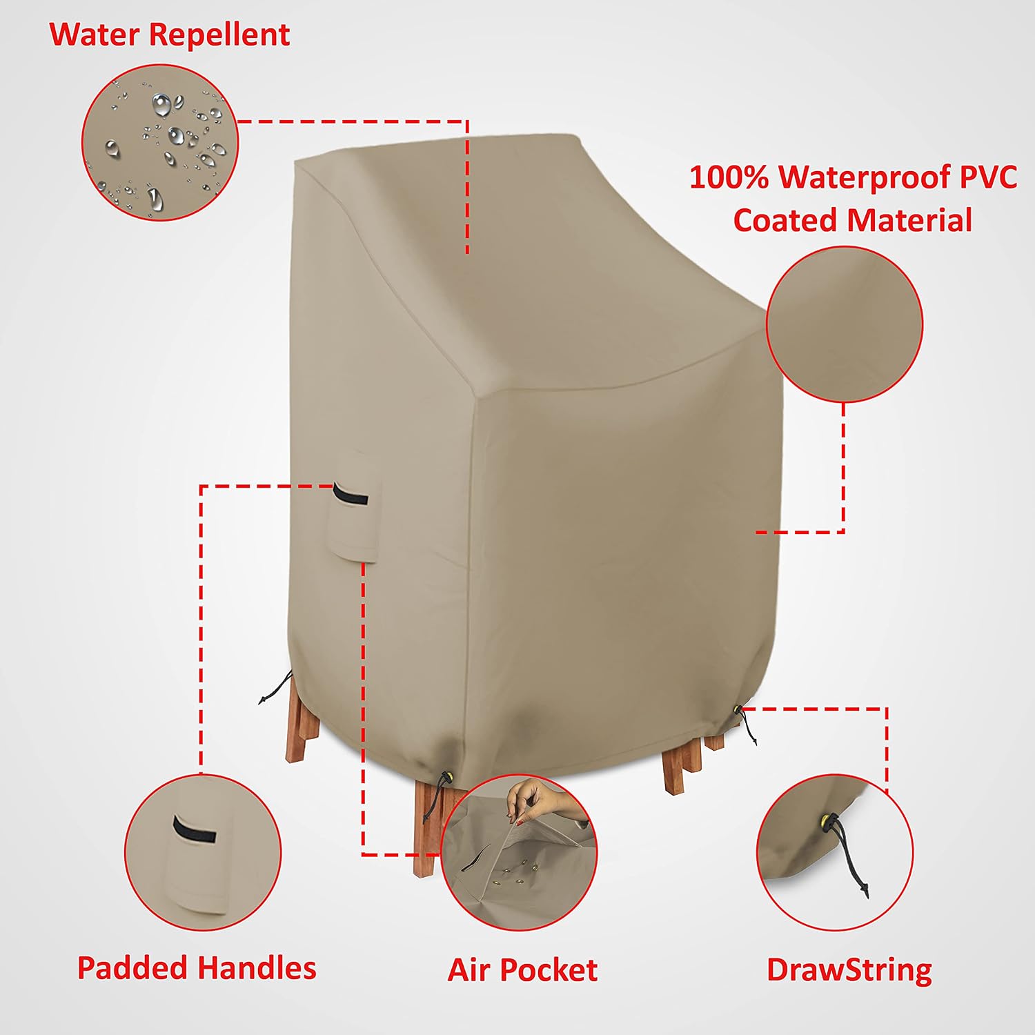 Stackable Chair Cover 12 Oz Waterproof - 100% Weather Resistant PVC Coated Patio Furniture Cover with Air Pockets & Drawstring for Snug Fit (36W x 37D x 36H x 15 FH, Beige)