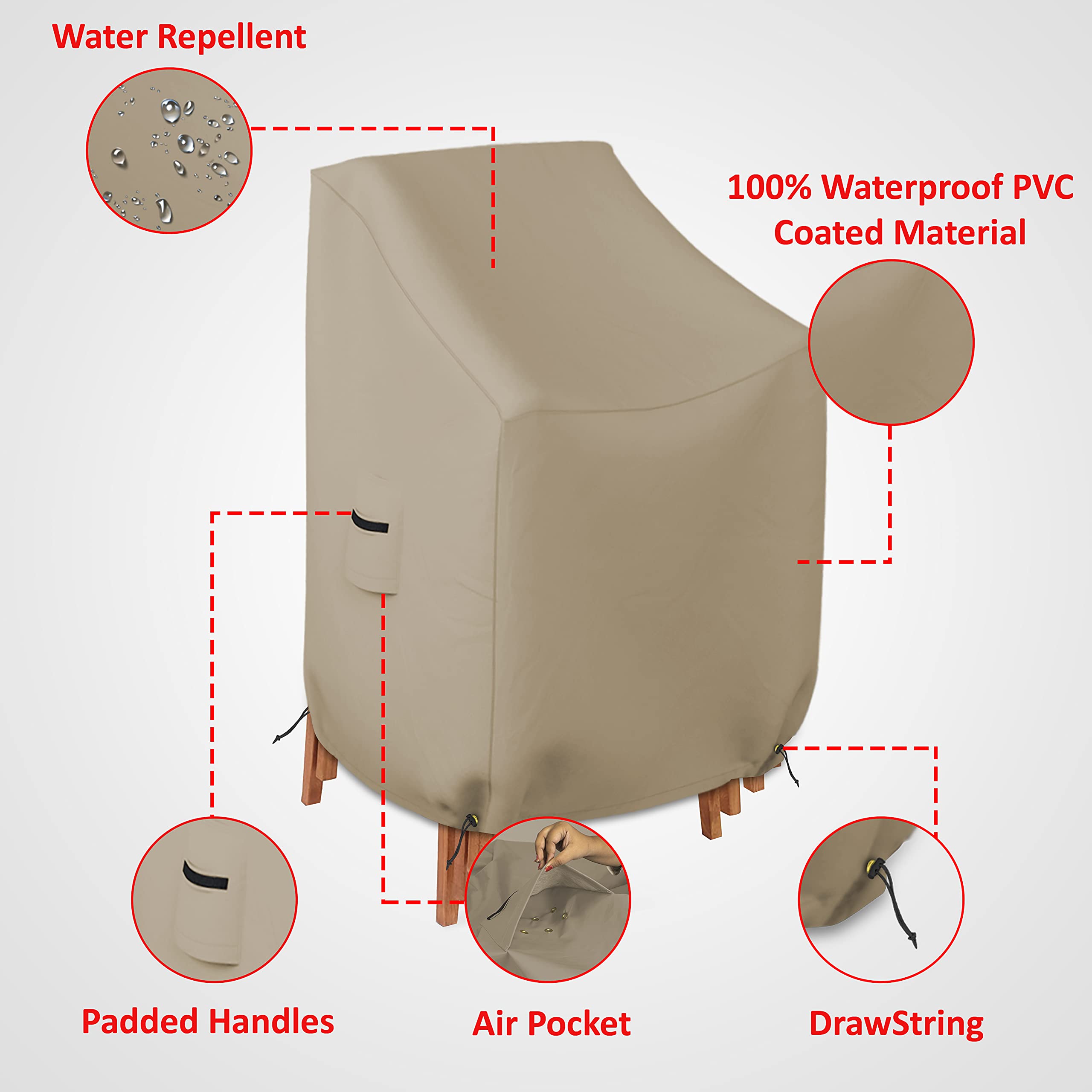 Pokrowiec na krzesło z możliwością układania w stos 350 ml, wodoodporny - 100% odporny na promieniowanie UV i warunki atmosferyczne, powlekany PCW, pokrowiec na meble tarasowe, z kieszeniami powietrznymi i sznurkiem do wygodnego dopasowania (28 szer. x 30