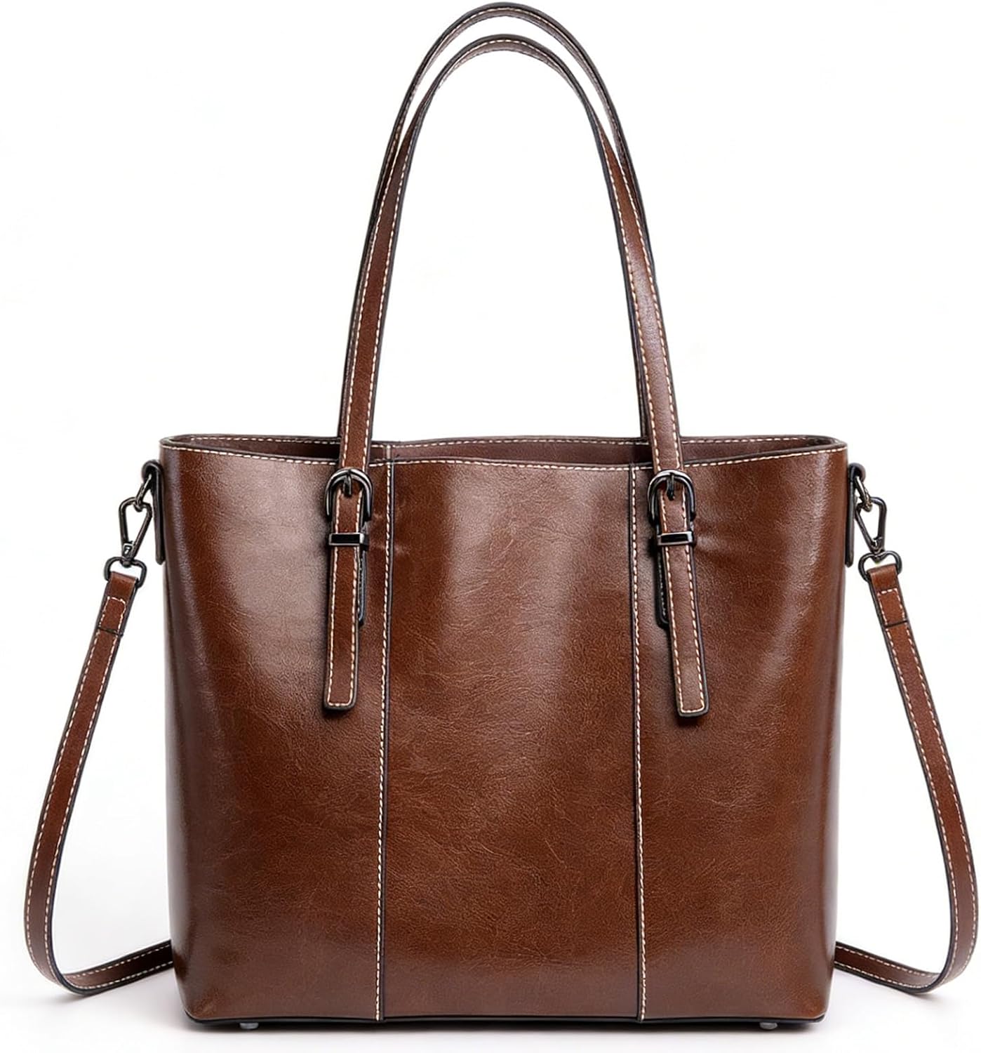 Women's Leather Tote Bag with Adjustable Shoulder Strap, Brown Full-Grain Oil-Waxed Cowhide Work Briefcase, 12.59 x 11 Inches | Full-panel build, Reinforced structure, Heavy-duty stitching, Holds shape well, Load-bearing design, Smooth edge finish