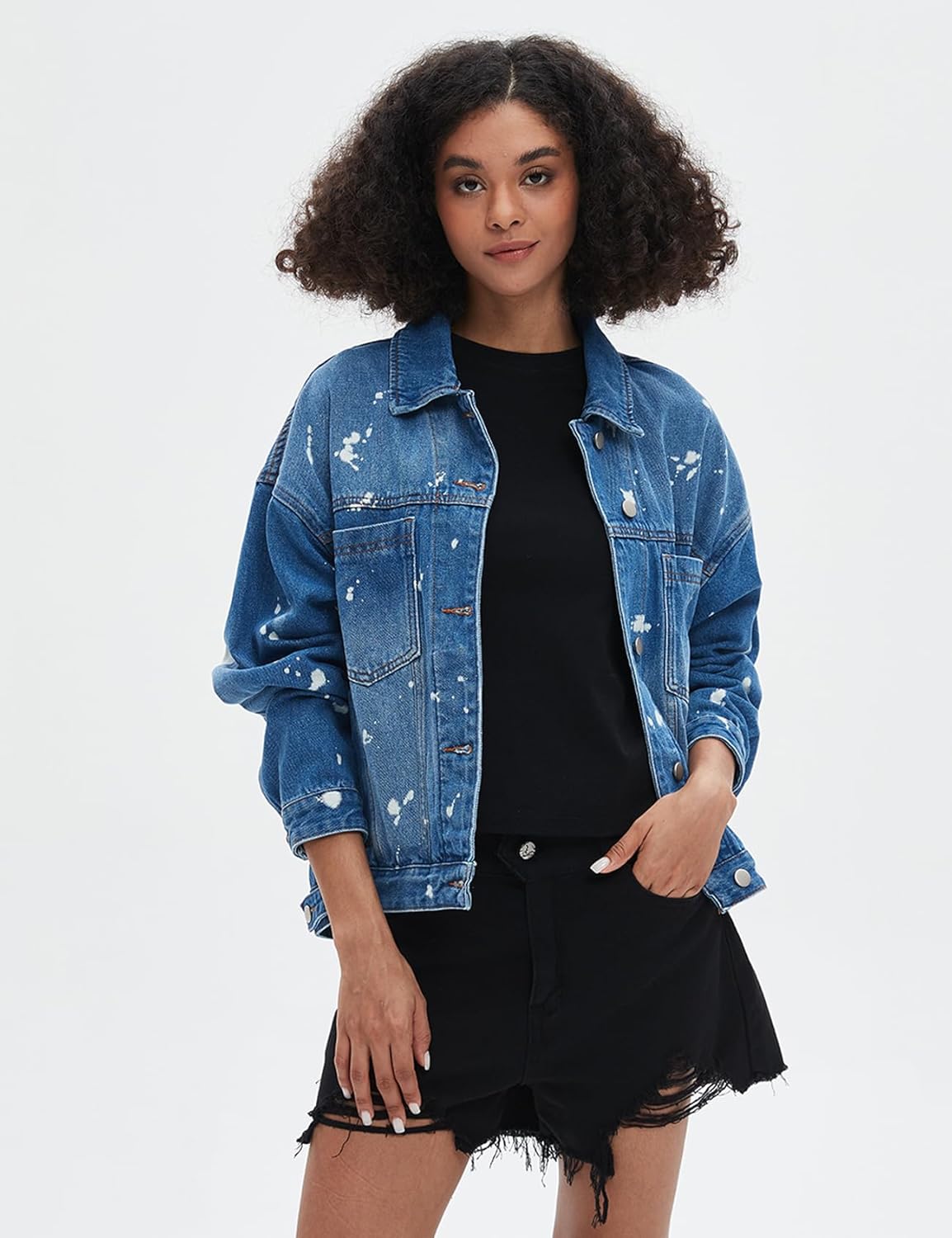 Kedera Oversized Jean Jacket for Women Short Opal Swing Denim Jacket Trendy Back Pleat Fall Paint Jacket with Pockets