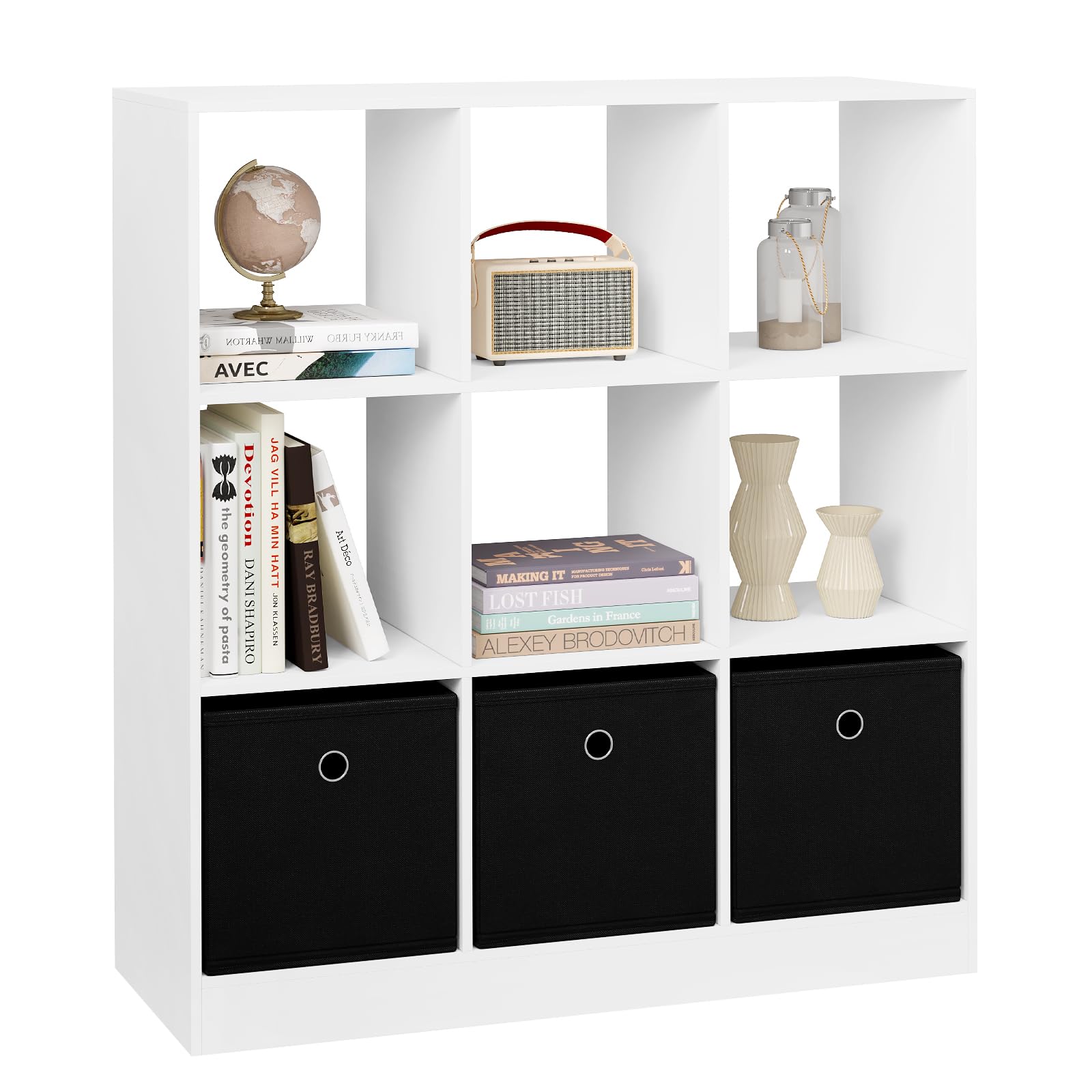 WOLTU Bücherregal Bücherschrank Standregal Würfelregal Aufbewahrungregal Raumteiler Büroregal, mit 9 Fächern 3 Schubladen aus Vliesstoff, für Wohnzimmer Schlafzimmer Büro, Weiß, SK041ws