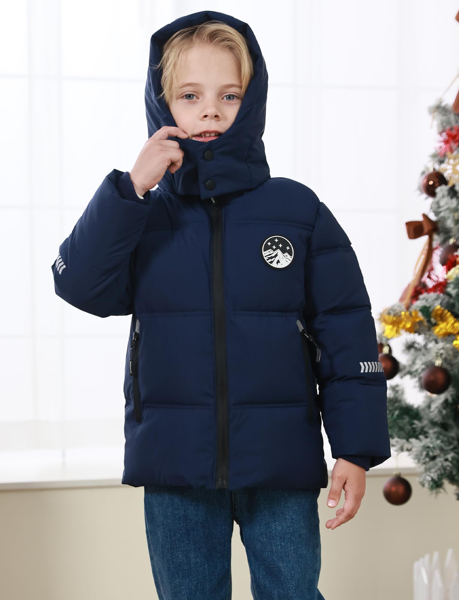 FEOYA Jungen Winterjacke Fleece Reflektierende Kinder Jacke Winter Schnee Teenager Daunenjacke Warme Coole Steppjacke Parka Mit Kapuze Mantel Wasserdicht Verdickte Gefüttert 4-12 Jahre