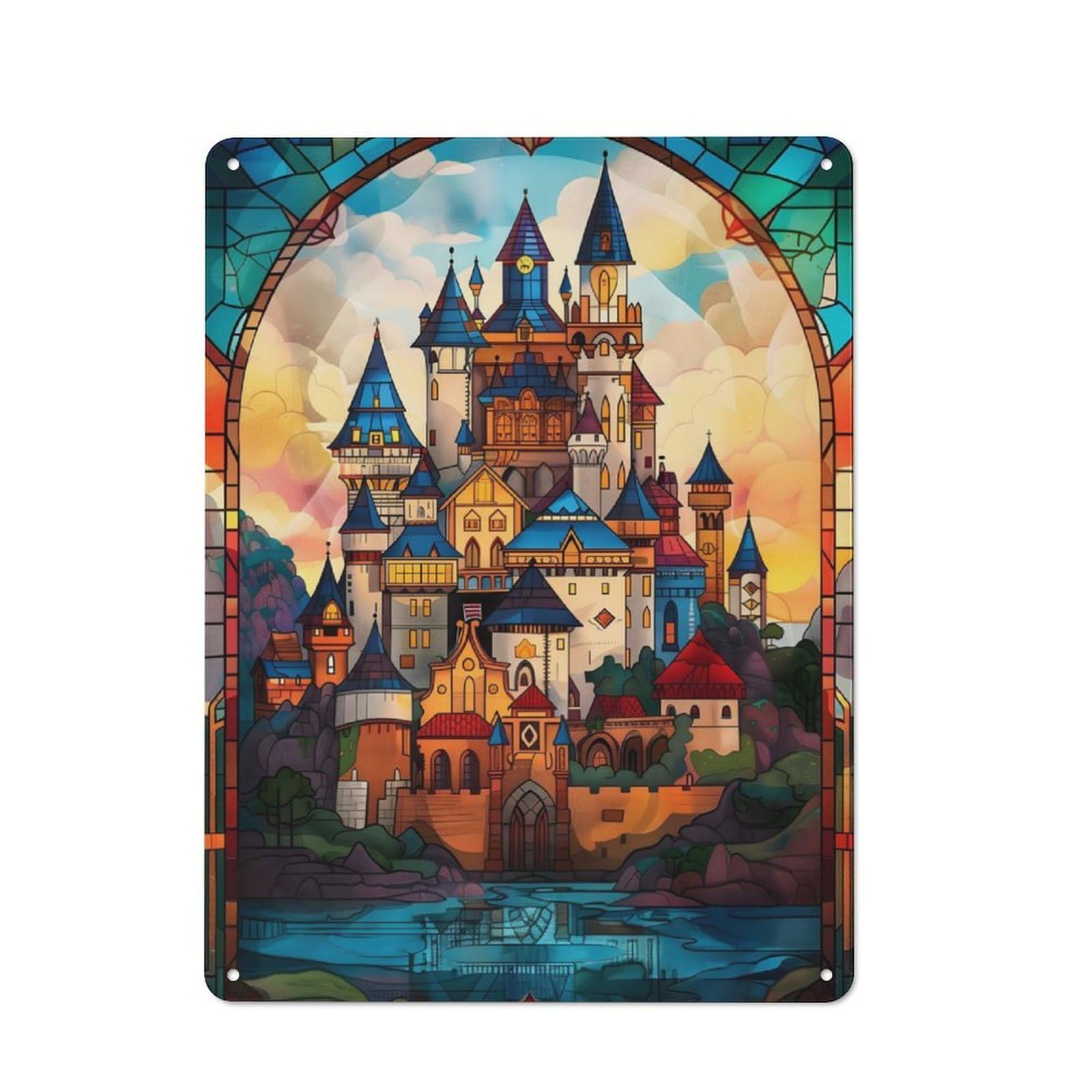 Junmoney Castle Stained Glass Tin Wall Plaque 40X30cm With For Café Or Home Bar, For Themed Room Decoration, For Living Room And Hallway Decor