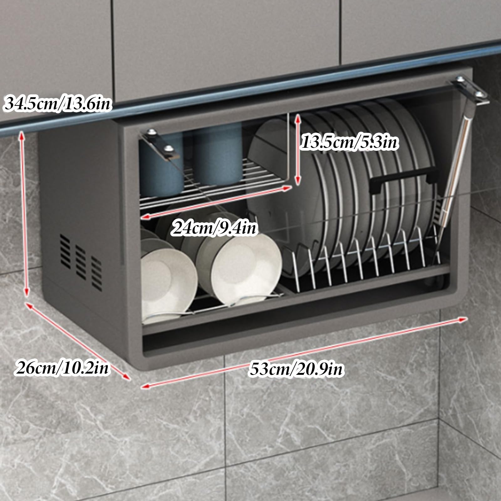 Mobiletto da Cucina a Parete di Grande capacità con Anta in Vetro temperato, portapiatti, scolapiatti e Porta Bacchette (Grigio)