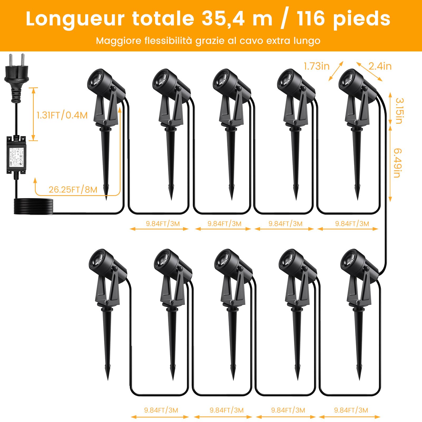 Spot LED Extérieur 35M, 3W*10 pièces Projecteurs extérieurs 3000K Blanc chaud, Projecteurs LED extérieurs IP65 Imperméables Avec fonction de télécommande et de minuterie pour allées, pelouses, cours