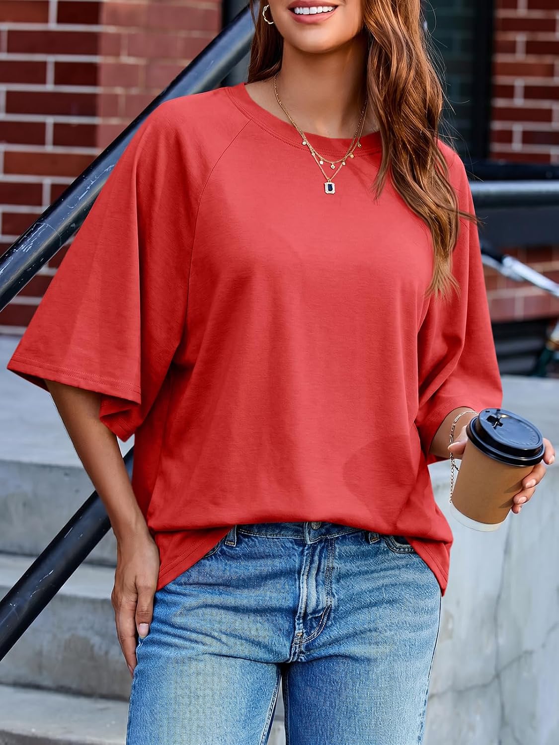 Tankaneo Womens Oversized Half Sleeve T-Shirts Trendy Casual Baggy Loose Fit Tops Summer Crew Neck Tees Shirts