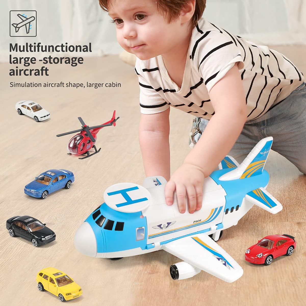 Geyiie Airplane Toys, Aircraft Car Set Toys with 5pcs Vehicle Car and 1pcs Helicopter, Transport Cargo Airplane with Parking Scene, Toys Gift for Boys Car Set for 3+ Toddlers