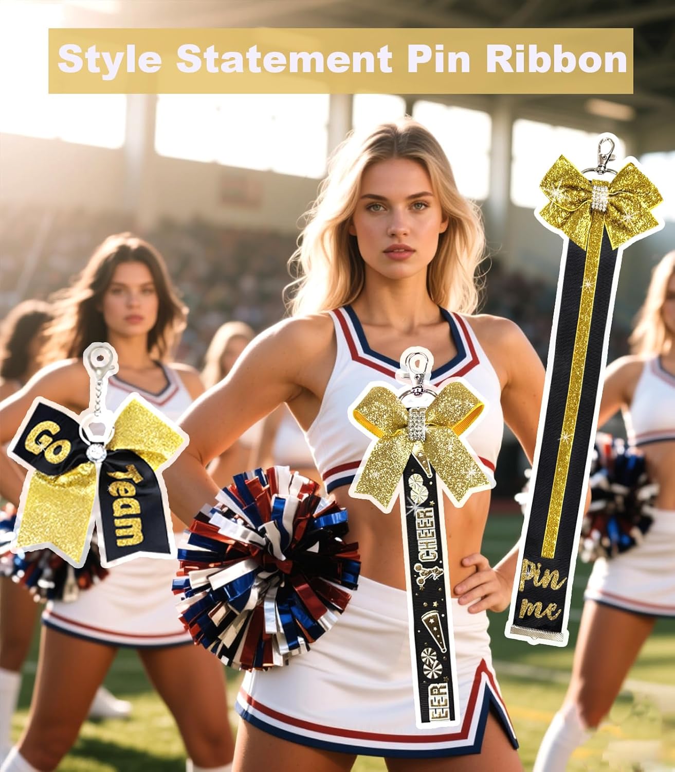 3-Piece Cheer Pin Me Ribbon Set - 13in+8in+6in for Backpack, Keychain & Team | Glitter Cheerleader Accessories Gift for Squad, Coach - Image 5