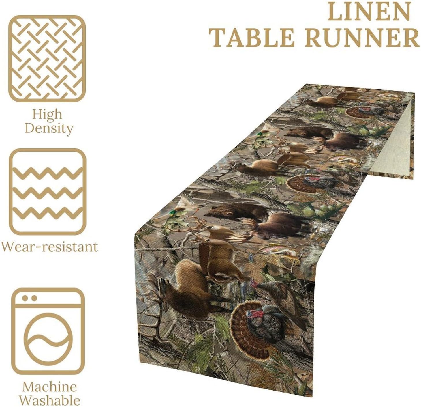 Forest Camouflage Table Runner Dresser Scarves, Camo Rustic Deer Elk Bird Bear Linen Table for Party Kitchen Dining Banquet 13x120in