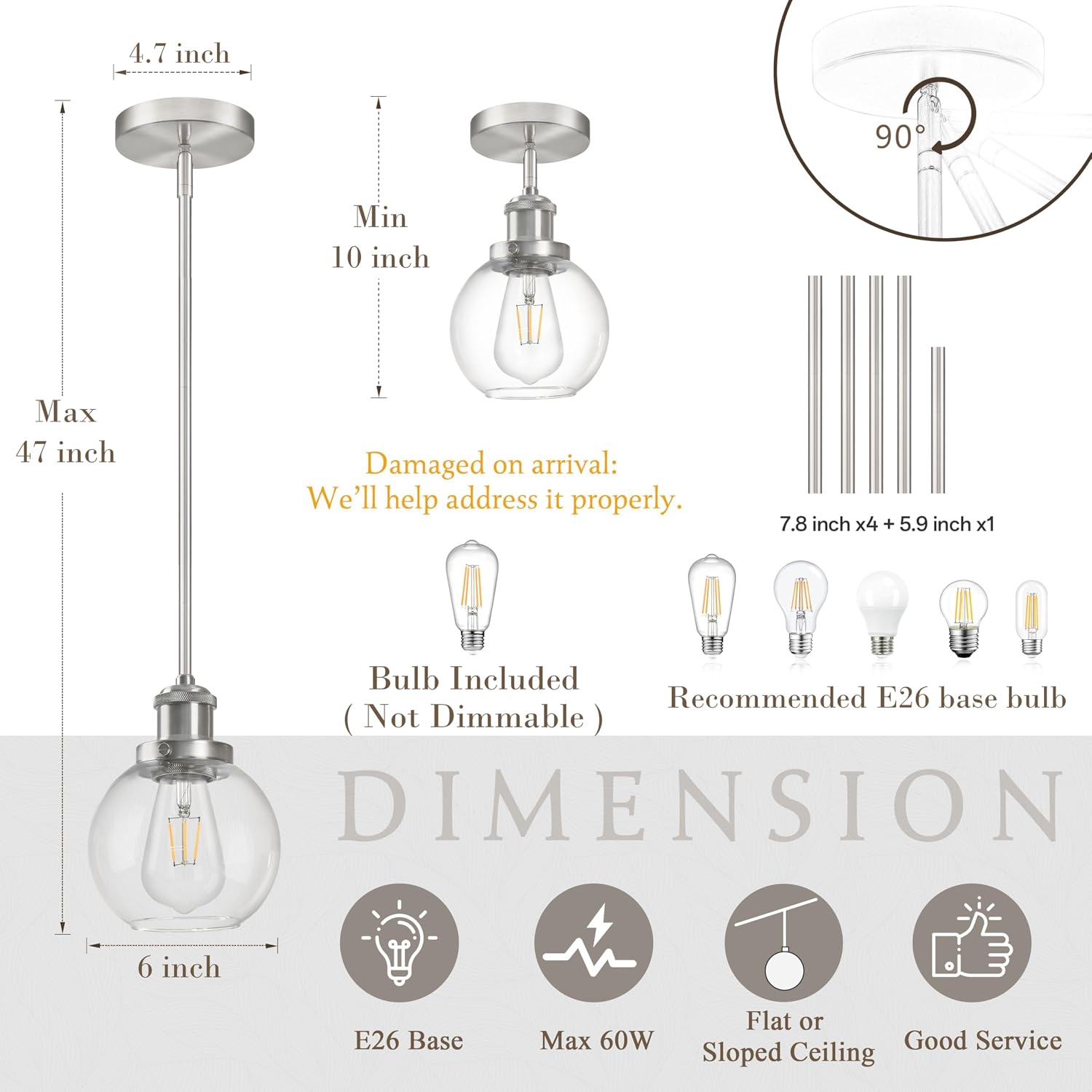 Bagood 6 Inch Nickel Mini Hanging Pendants Light Contemporary Globe Pendant Kitchen Island Modern Pendant Lights with Clear Glass Adjustable Hanging Light Fixture for Dining Room Bedroom (Bulb Incl.)