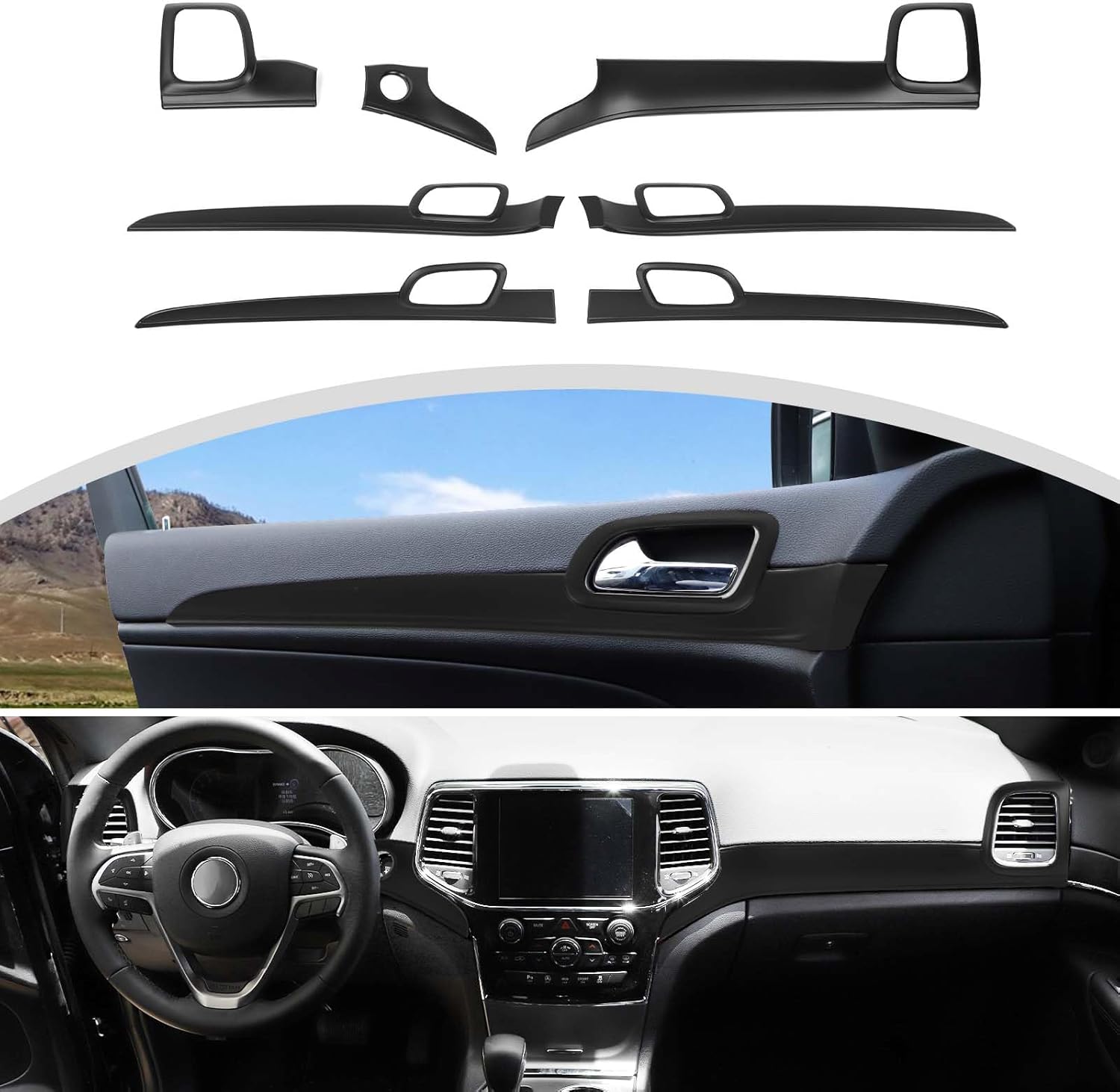 CheroCar 7PCS Center Control Dashboard Panel Trim+Inner Door Handle Cover Kit Fit for 2011 2012 2013 2014 2015 2016 2017 2018 2019 2020 Jeep Grand Cherokee Interior Accessories,Matte Black