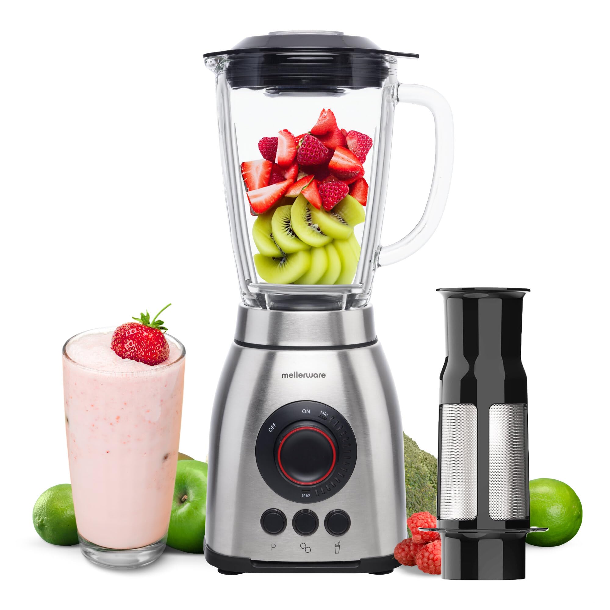 Mellerware - Batidora de Vaso con Filtro Mixy Plus! 2000W | 3 Velocidades + TURBO | Jarra de Vidrio 1.8L | Cuchillas 6 Hojas | Rompehielos | Licuado sin Grumos | Acero INOX | Apto para Lavavajillas