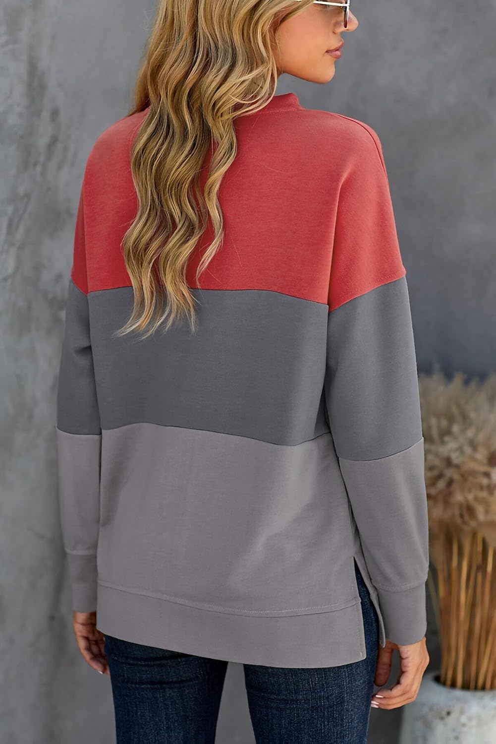 NEYOUQE Women Crewneck Pullover Sweatshirt Casual Fall Fashion Color Block Loose Long Sleeve Tops Plain Sweatshirts