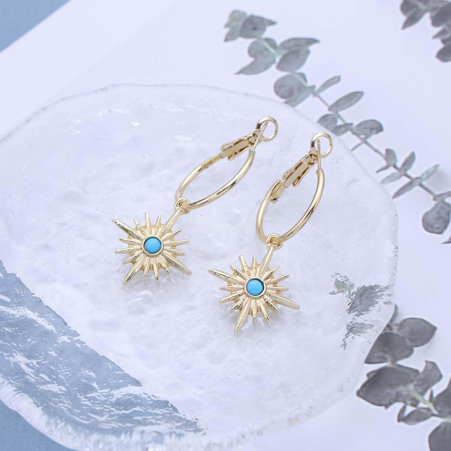 Boho Gold Sunburst Dangle Drop Earrings Turquoise Sun Earring Sun Huggie Hoop Earrings Vintage Metal Sunshine Shaped Earring Jewelry for Women - Image 5
