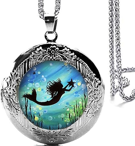 DianaL Boutique Collar con colgante de medallón de sirena hermoso tono plateado con cadena de acero inoxidable de 24", Vidrio