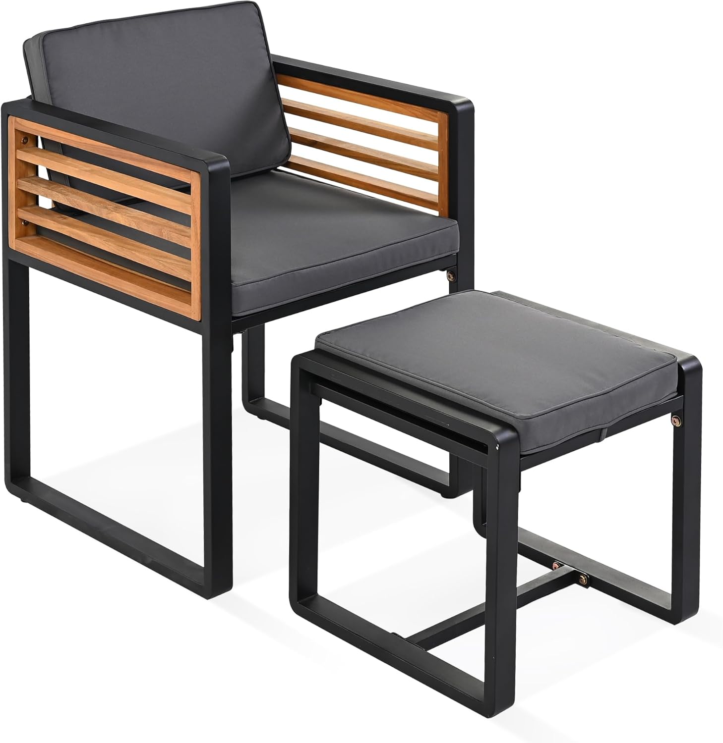 18-Pieces Acacia Wood Patio Dining Set,Outdoor Patio Set with 8 Cushioned Chairs & 8 Ottomans & 2 Square Table,for Lawn Backyard Garden Deck Poolside (Gray#E)