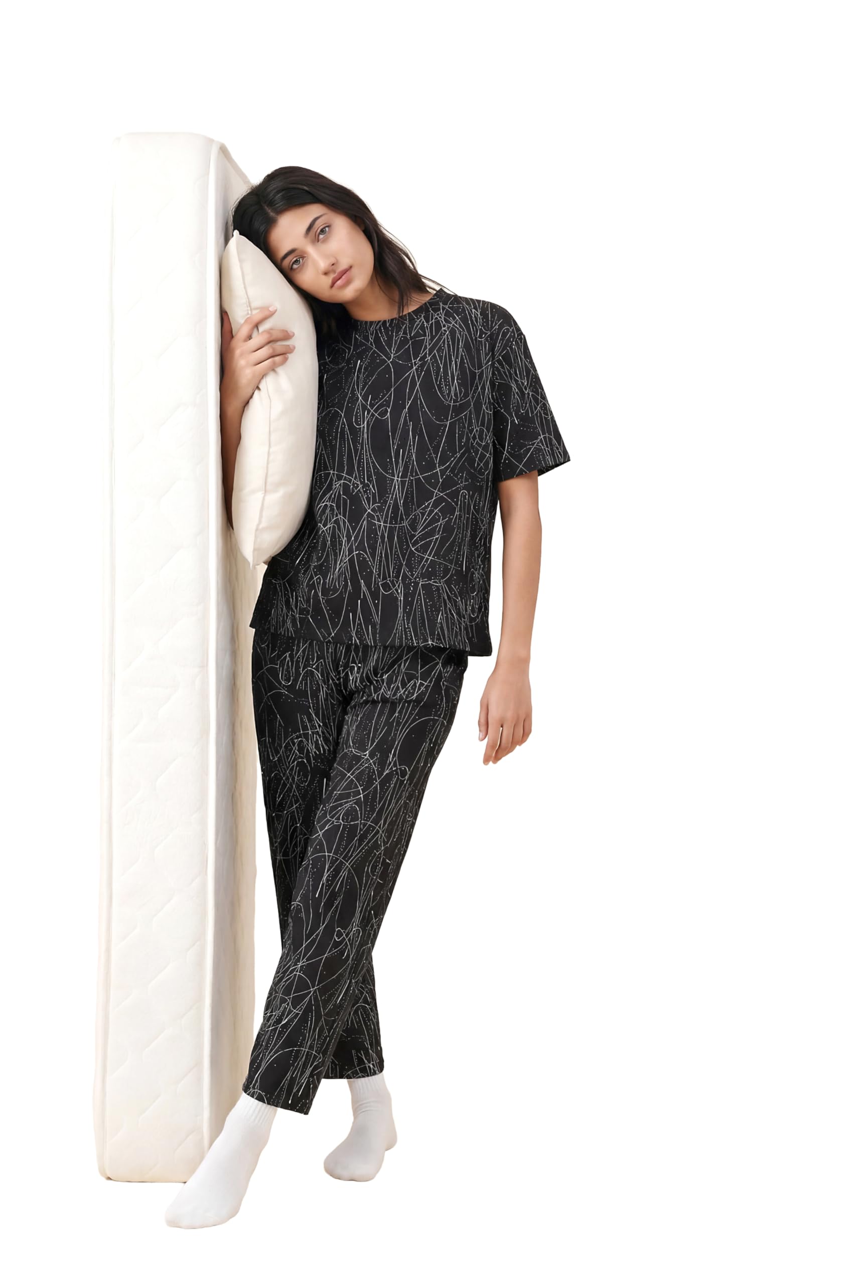 Womens Cotton Nightsuit Set | Abstract Printed | Half Sleeve Round Neck Oversized T Shirt with Pyjama | Comfortable Sleepwear Loungewear Night Suit for Women-image-48
