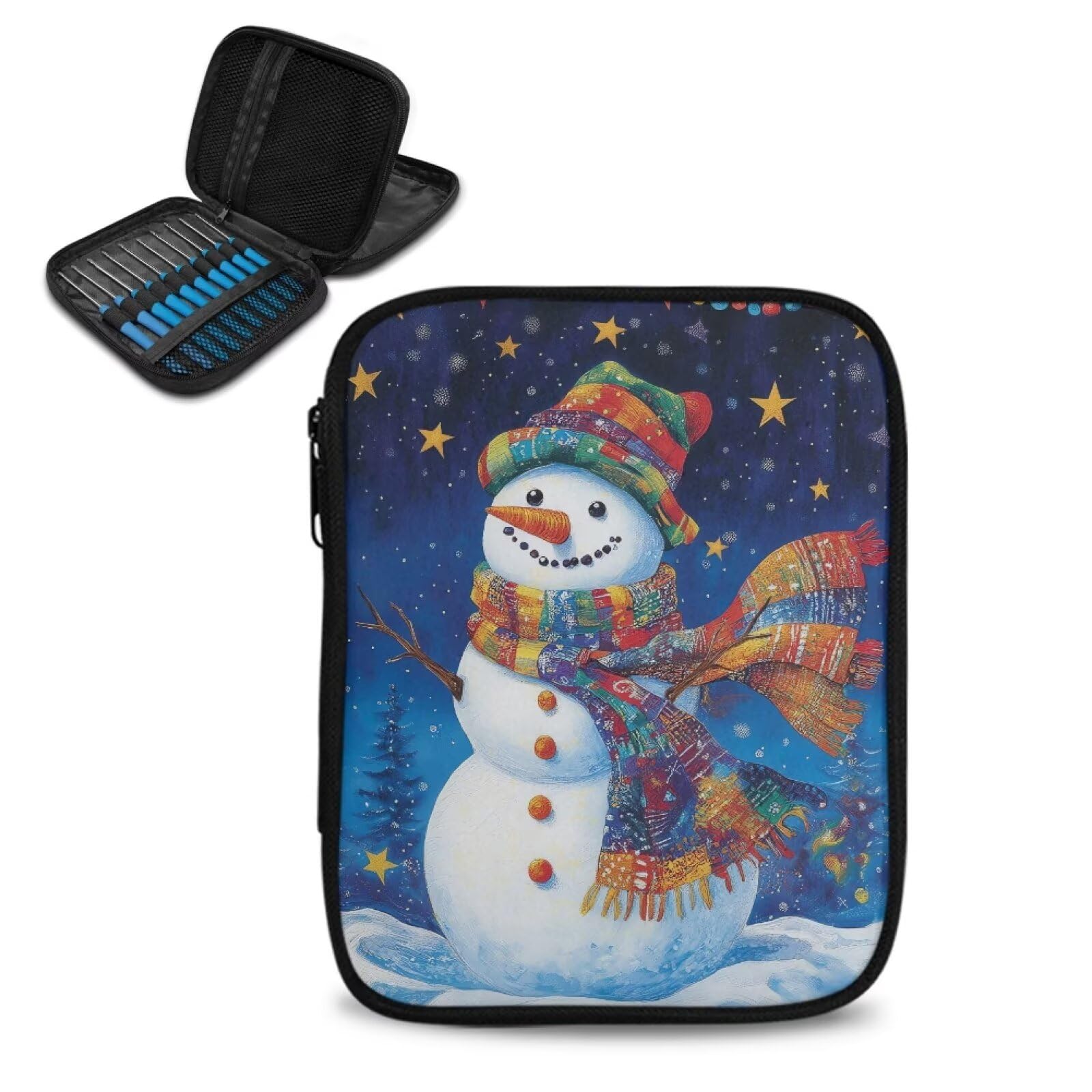 Snowman Crochet Hook Case Portable Stars Knitting Needle Case with Web Pockets Crochet Storage Organizer for Trave