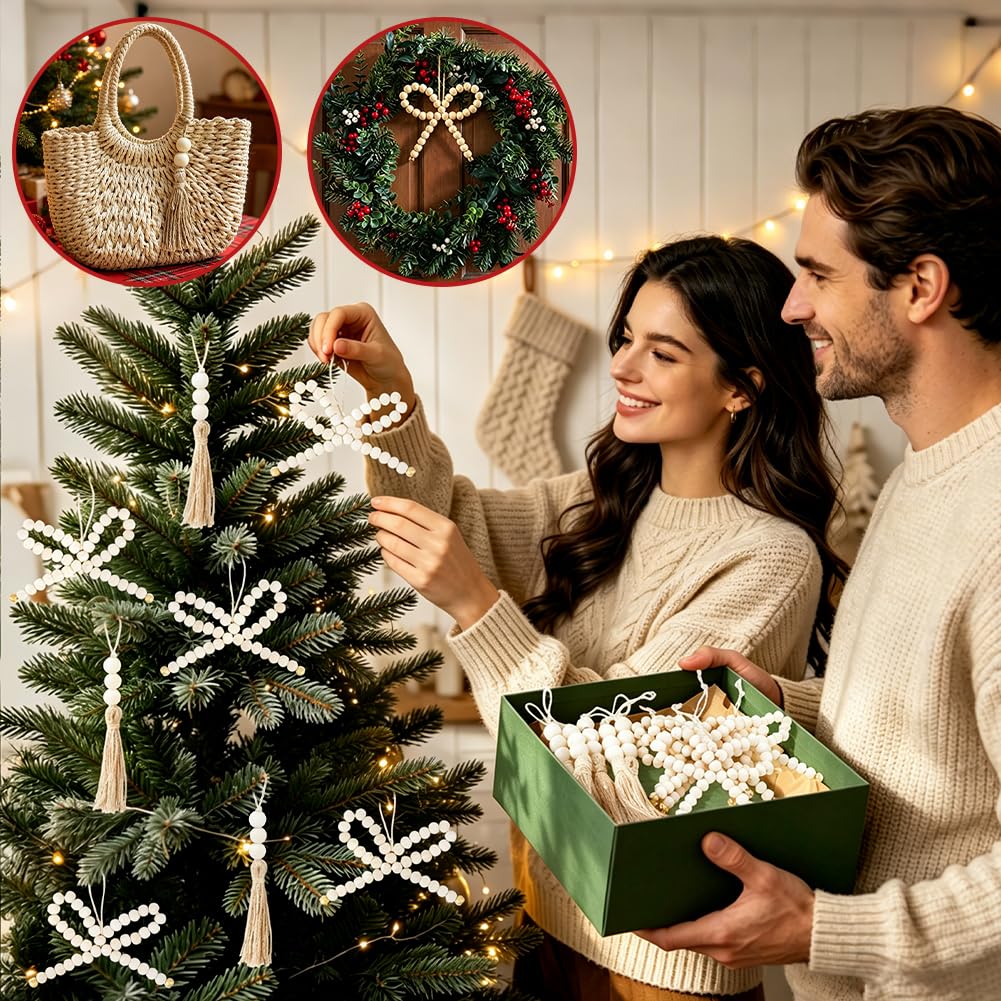 PH PandaHall 20pcs Ornements en Perles De Bois Naturel Décor Rustique De Sapin De Noël Style Ferme Décorations Suspendues pour Arbre De Noël Mur Couronne Guirlande