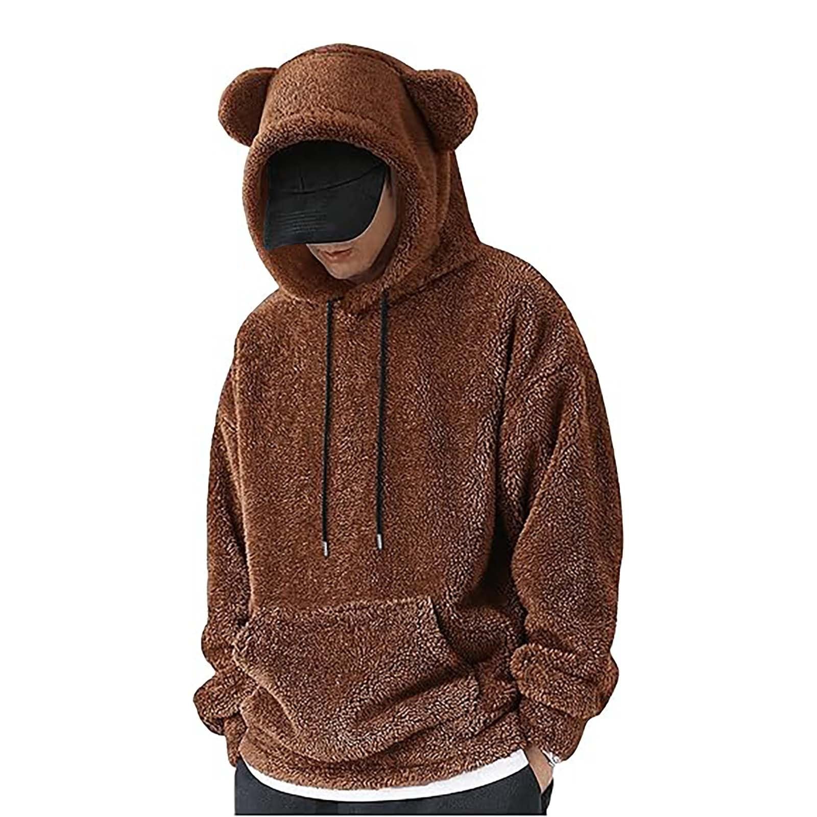 Winter Hoodie Solid Color Men Mens Fuzzy Fluffy Hoodies Loose Long Sleeve  Hoodies Thermal Hoodie Pullover Casual Sweatshirt Cute Bear Ear Sweatshirt