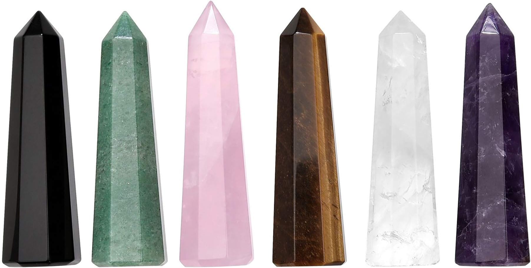 CrystalTears6pcs Healing Crystals Wand Set Natural Amethyst Rose Quartz Clear Quartz Tiger Eye Green Aventurine Black Obsidian Reiki Healing Crystal Stones Kit for Meditation Yoga Crystal Therapy