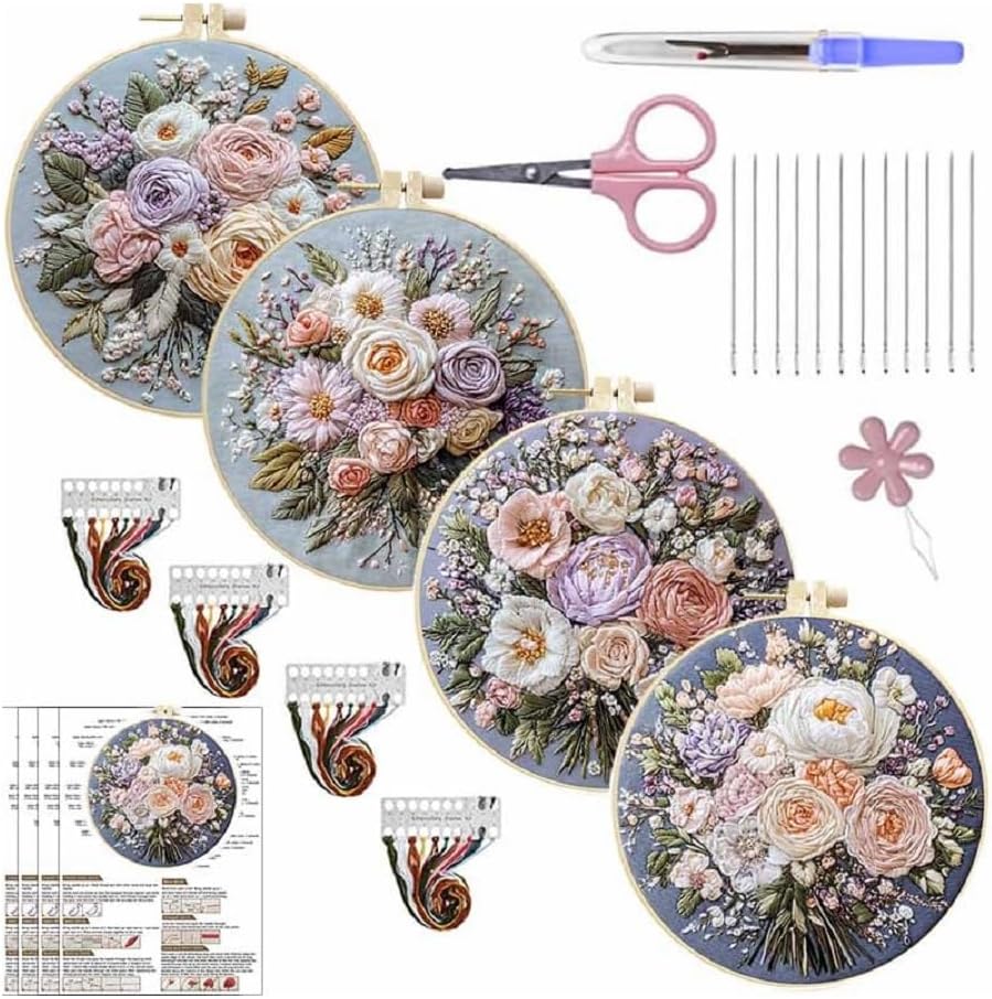 HAOYEGUOJI 4 Pack Embroidery Kit for Beginners, Hand Needlepoint Kits for Adults with Pre-Stamped Patterns, 7.8-Inch Hoop, Threads & Needles, Step by Step Instructions (7.73 in)