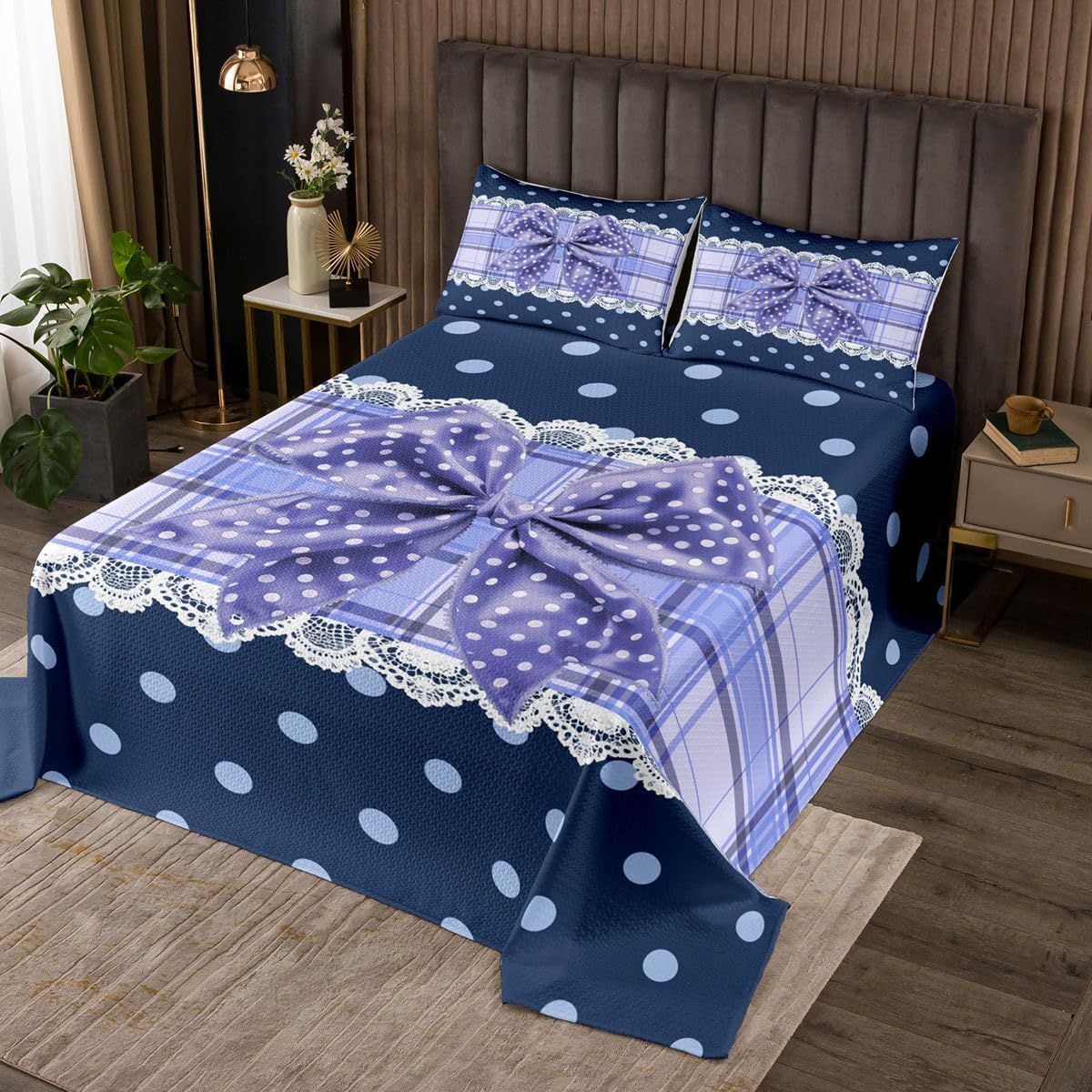 jejeloiu Cartoon Bowknot Bedspread 3 Pieces King Size Polka Dots Coverlet Set Soft Cozy Pink Black Lightweight Quilted Coverlet for All Season with 2 Pillowcases Princess