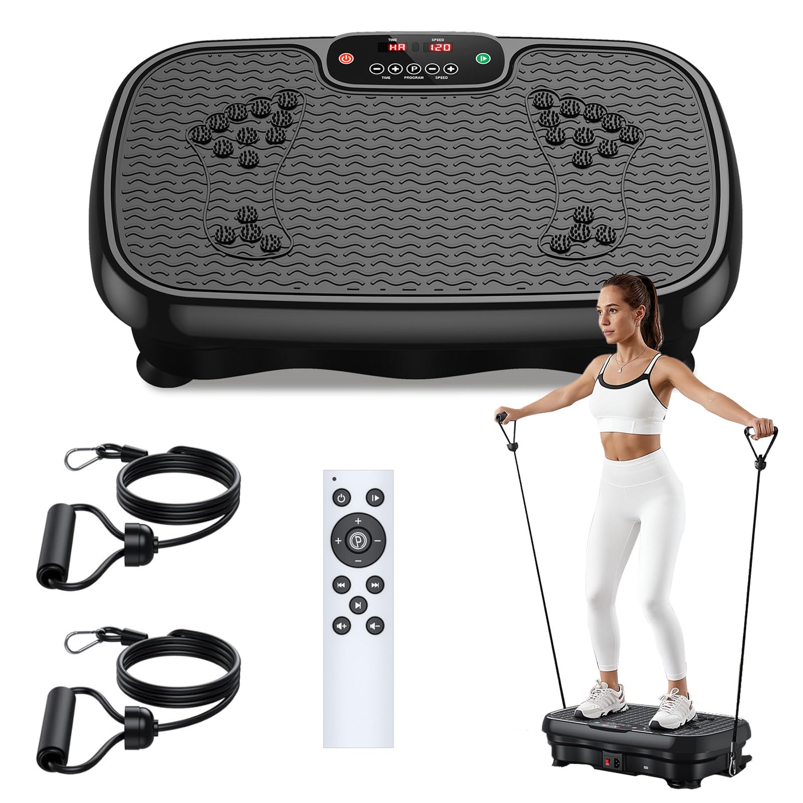 Plateforme vibrante pour la Maison, avec 120 Niveaux d'intensité et 5 Modes, livrée avec 2 Bandes de résistance et Une télécommande, pour la Perte de Poids et Le renforcement Musculaire