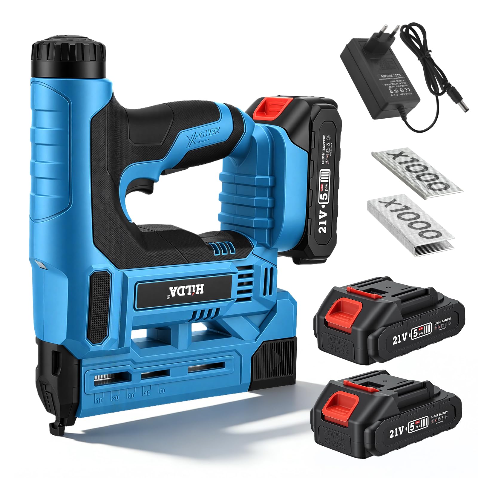 Set de clavadora inalámbrica, pistola de clavos eléctrica 18GA con 2 baterías de 2,0 Ah y 1000 clavos/grapas, grapadora eléctrica 2 en 1, profundidad de clavado ajustable para trabajo con madera y