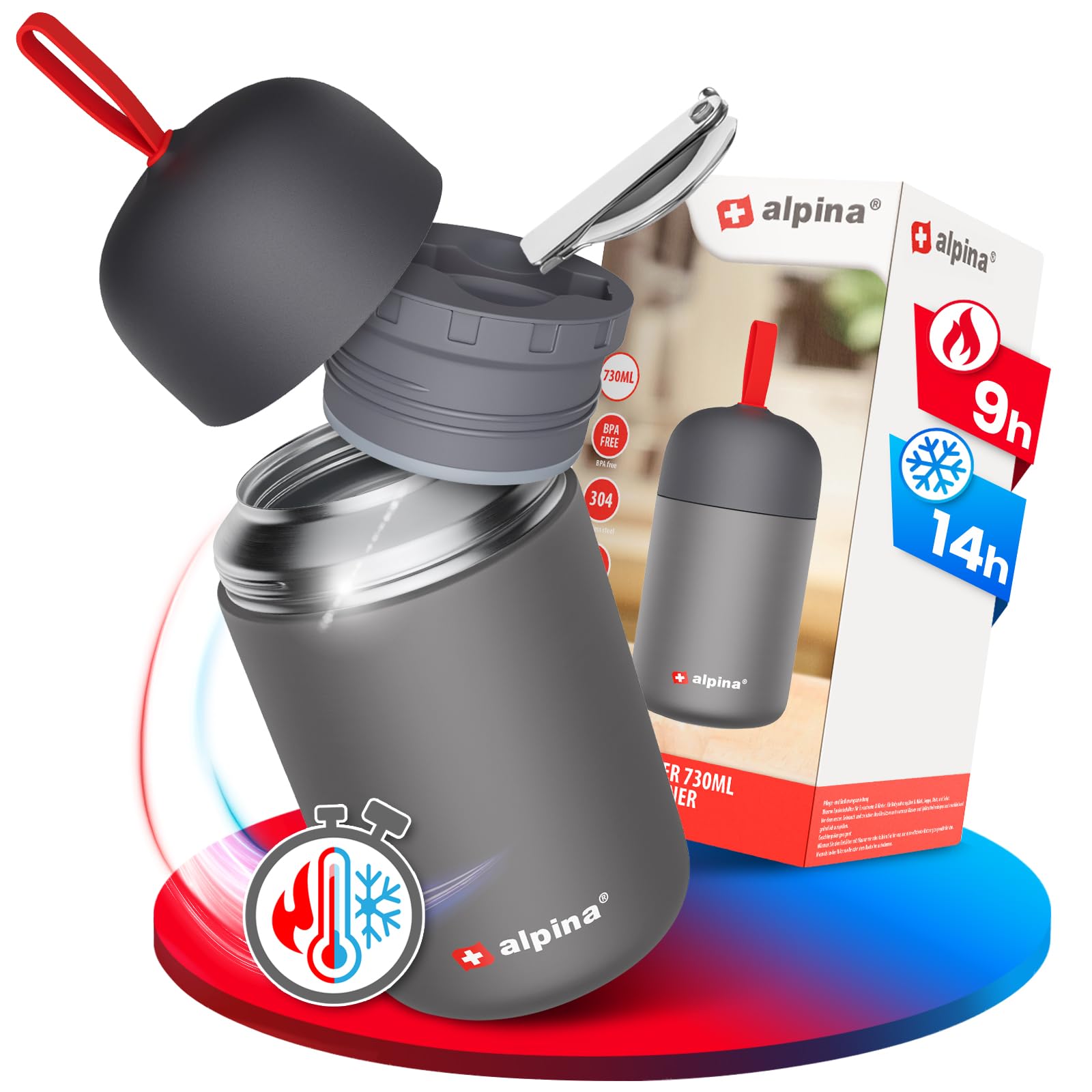 alpina contenitori ermetici per alimenti – tazza termica 730 ml lavabile in lavastoviglie con compensazione pressione - Cibi caldi e freddi a lungo I Borraccia termica in acciaio inox senza BPA