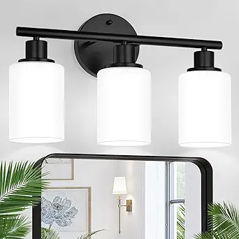 3-Light Bathroom Light Fixtures, Black Modern Vanity Lights with Milky White Frosted Glass Shades, Bathroom Wall Lamp for Mirror Kitchen Living Room Hallway Cabinet Porch