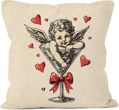Vintage Valentines Angel Throw Pillow Covers Gifts for Valentines Day 18x18, Trendy Retro Coquette Decor Pillow Cases for Bedroom Living Room, Martini Gifts Pillowcases for Couch Bed Sofa
