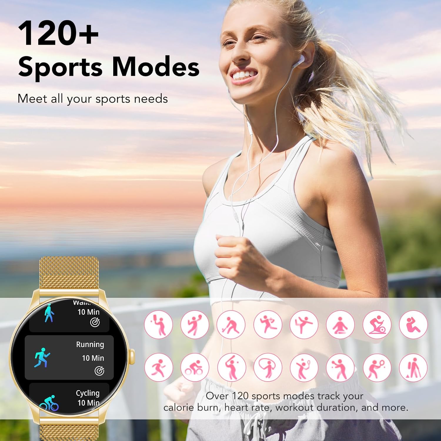 A woman running outdoors with the smartwatch on her wrist. The watch display shows 'Walking', 'Running', and 'Cycling' modes with time tracking. Icons for over 120 sports modes are displayed, including running, cycling, yoga, and more, indicating comprehensive activity tracking.