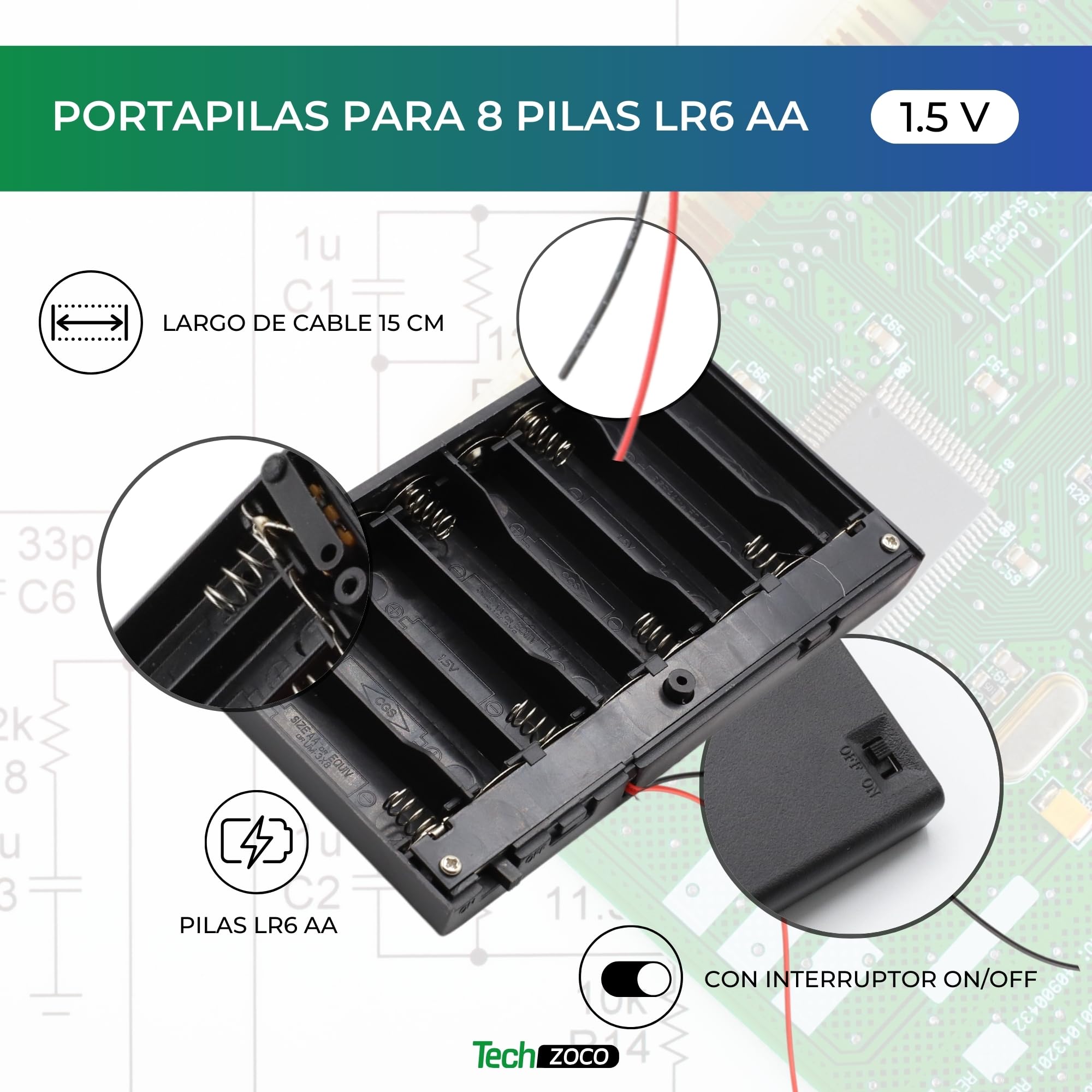 TECHZOCO Porta batterie con interruttore on/off, supporto batteria AA, scatola batteria, porta batterie, cavo da 200 mm, tensione totale: 12 V (1,5 V per batteria), adatto per 8 batterie LR6 AA (FR6,