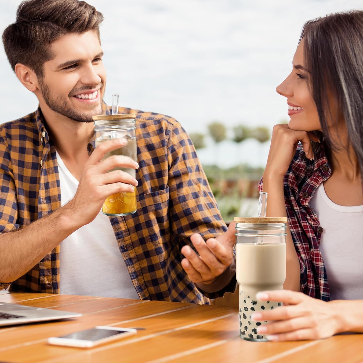 DWTS DANWEITESI Mason Jar with Lid and Straw,24 oz Iced Coffee Cup with Bamboo Lid and Straw,Boba Cups Smoothie Tumbler-Wide Mouth Reusable Glass Cups with Lid and Straws【4 Pack】 - Image 5