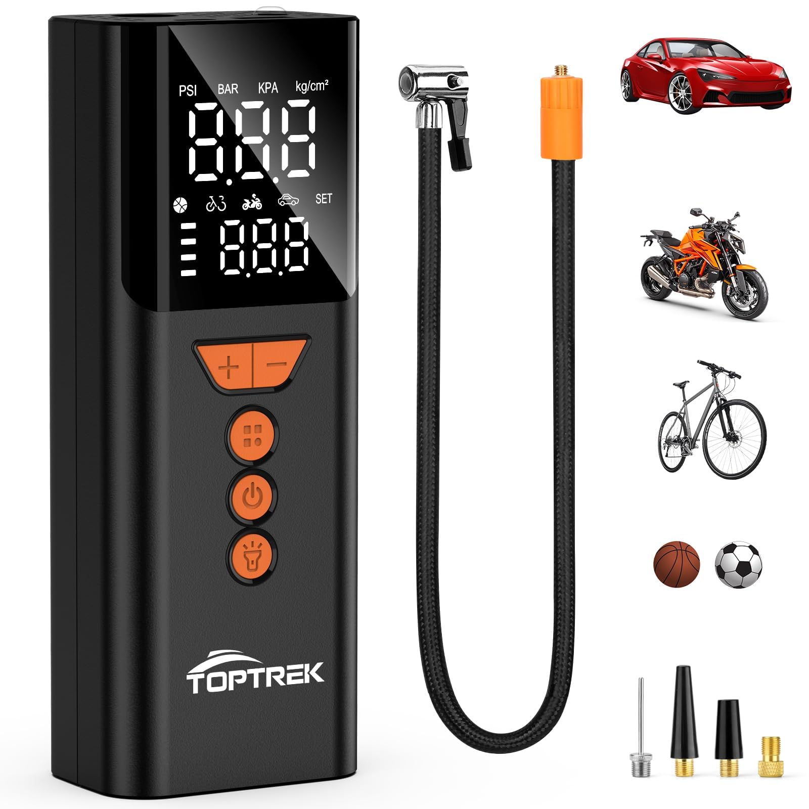 toptrek Elektrische Luftpumpe, 150PSI Kabelloser akku fahrradpumpe Mit LED-Licht, Powerbank-Funktion & USB-C, Wiederaufladbare Reifenpumpe Für Fahrrad/E-Bike/Auto/Motorrad/Bälle