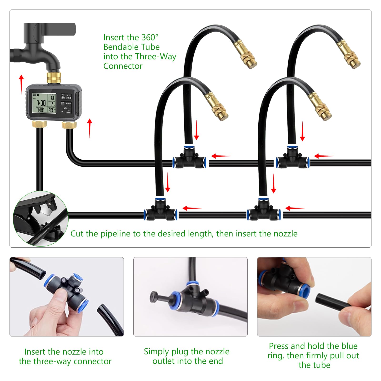 Sistema di irrigazione a goccia da 30 m con timer intelligente – Kit di irrigazione automatica da giardino con connettori in ottone a doppio tubo metallico, ugelli regolabili a 360° e tubo pieghevole