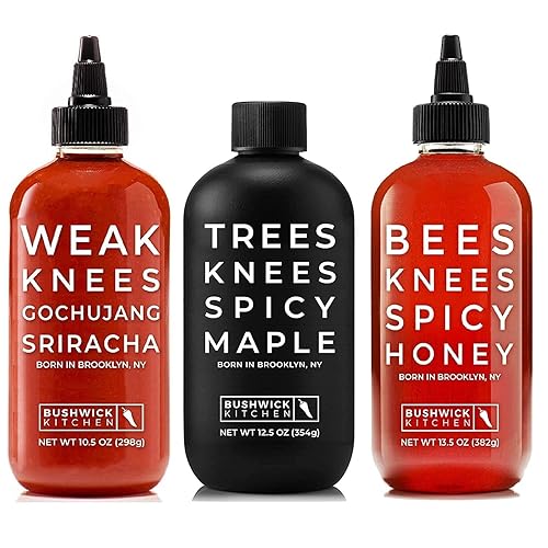Bushwick Kitchen Spicy Trio Sampler, juego de regalo incluye nuestro Gochujang Sriracha, jarabe de arce picante y salsas picantes de miel