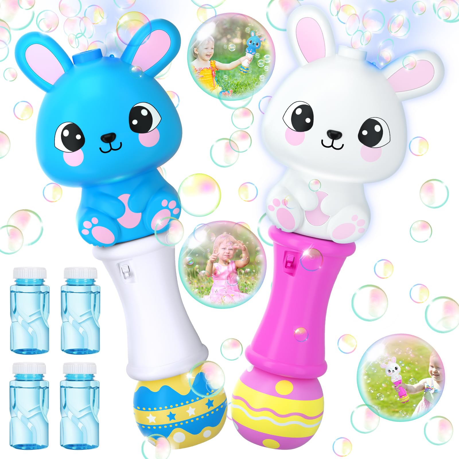 Easter Bunny Bubble Wand 2 Pack, Automatic Bubble Machine Gun for Kids, Light Up Bubble Guns with 4 Bottles Bubble Refill Solution, Easter Basket Stuffers for Toddler, Bubble Toys for Outdoor Activity