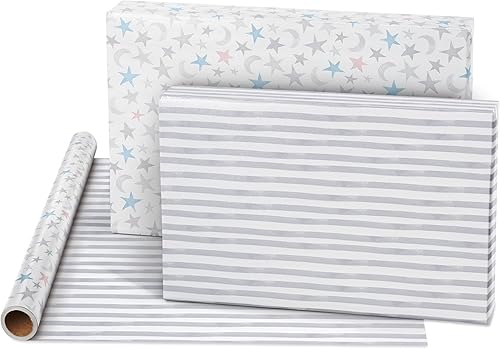 Miniatura 3 de American Greetings Papel de regalo reversible de 175 pies cuadrados para baby showers, cumpleaños de niños y todas las ocasiones, luna y estrellas