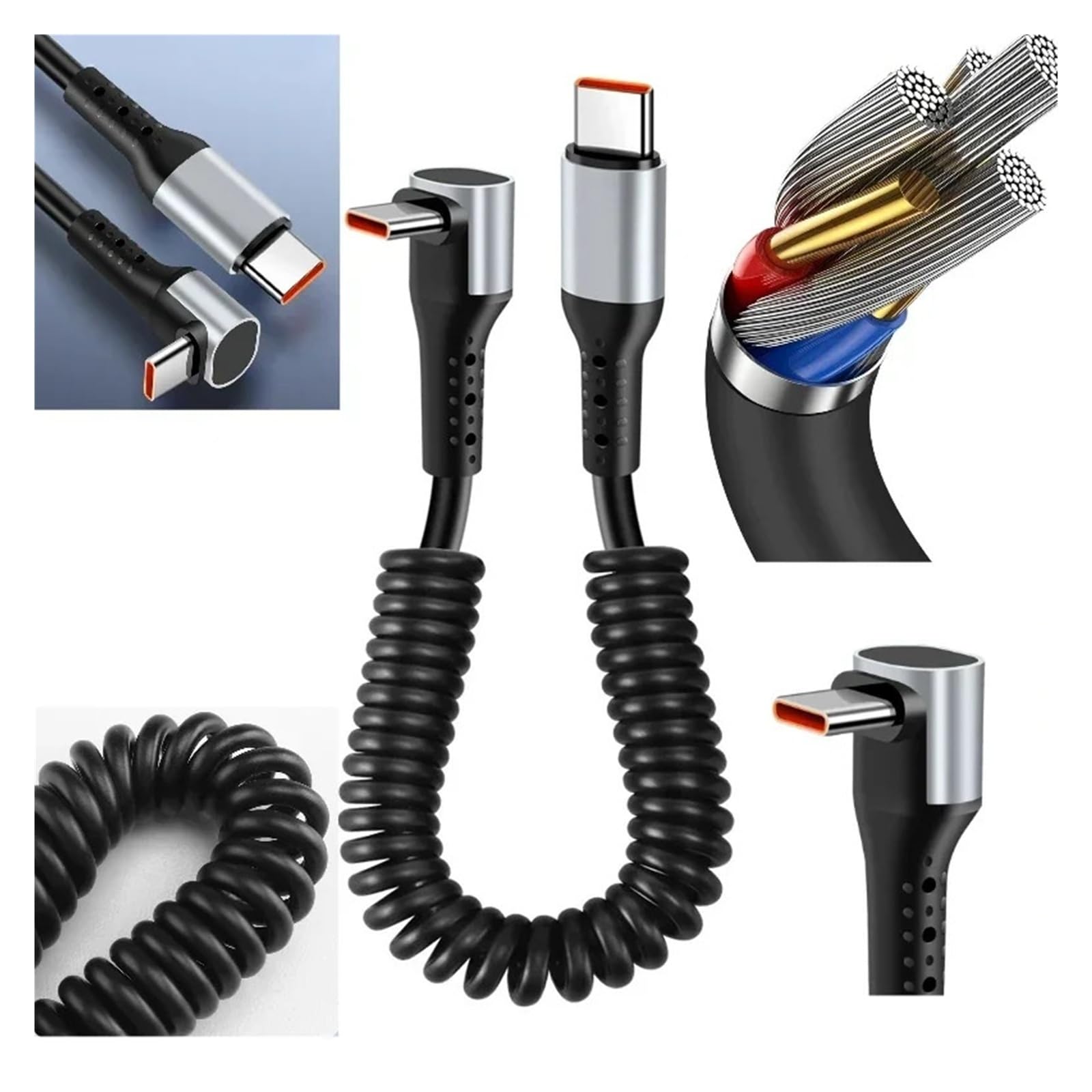 Cavo USB C 90° a molla 66W 6A ricarica rapida per Samsung per auto Xiaomi | Tipo C
