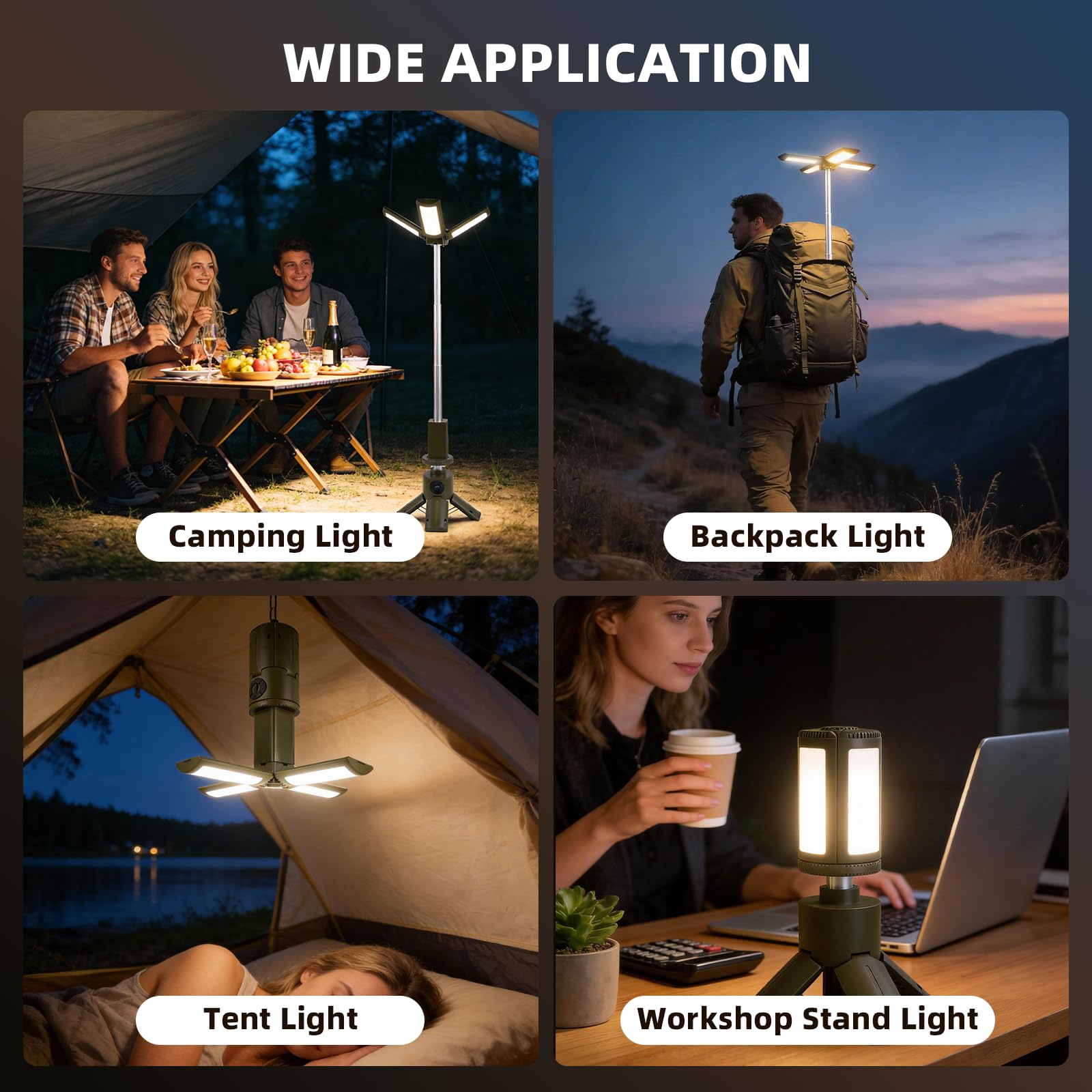 aiGear Lampes de camping télescopiques, lampes de camping rechargeables avec support 14 000 mAh, lanternes de camping pliables, lampes de poche portables IPX5 étanches pour camping, randonnée, pêche