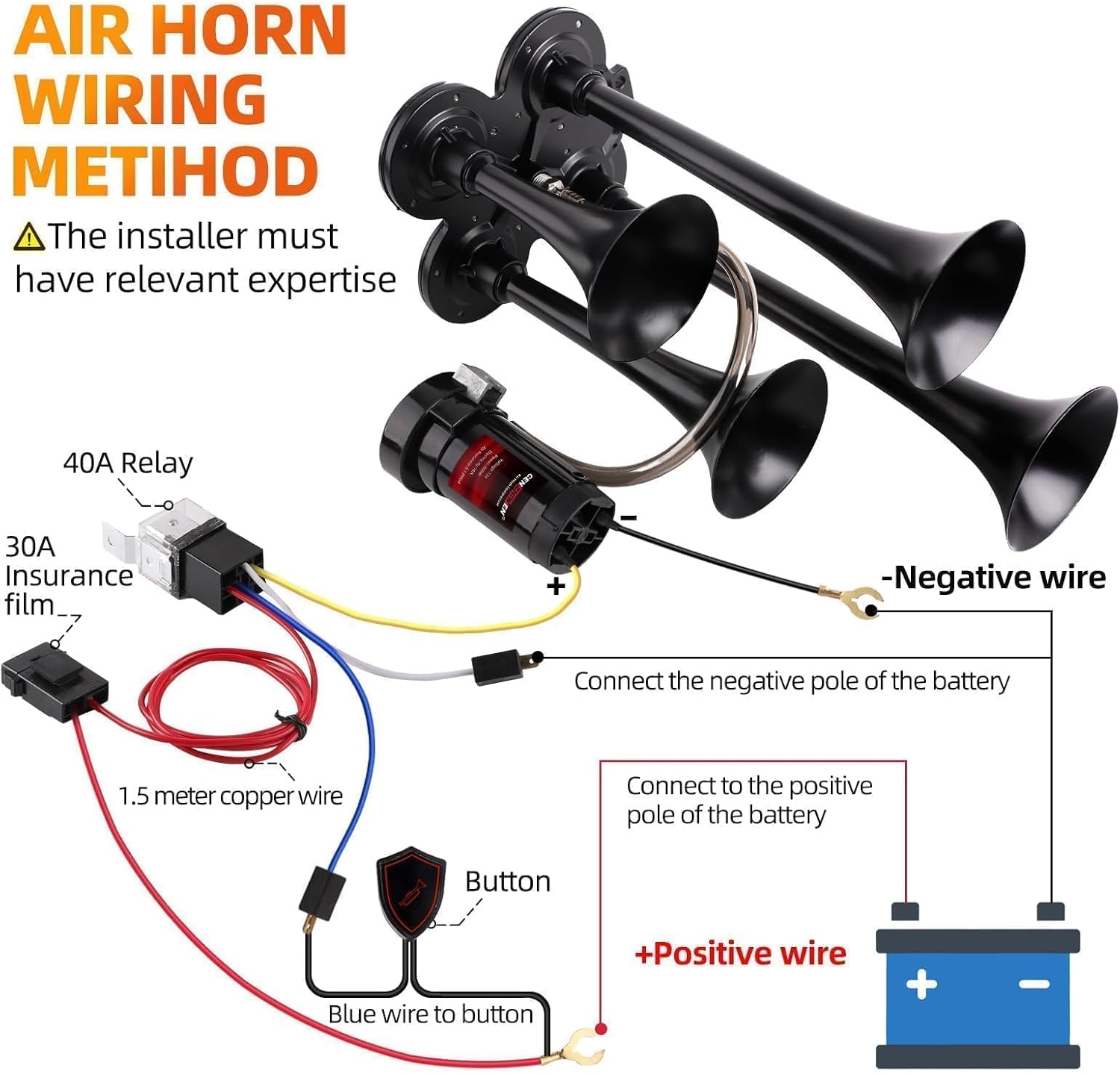 Train Horn for truck Kit-4 Trumpet Metal Air Horns replacement Drill horn 12V 150dB Ultra Loud with Compressor for pickup/motorhome/SUV/truck/train (black 4Trumpet with button)