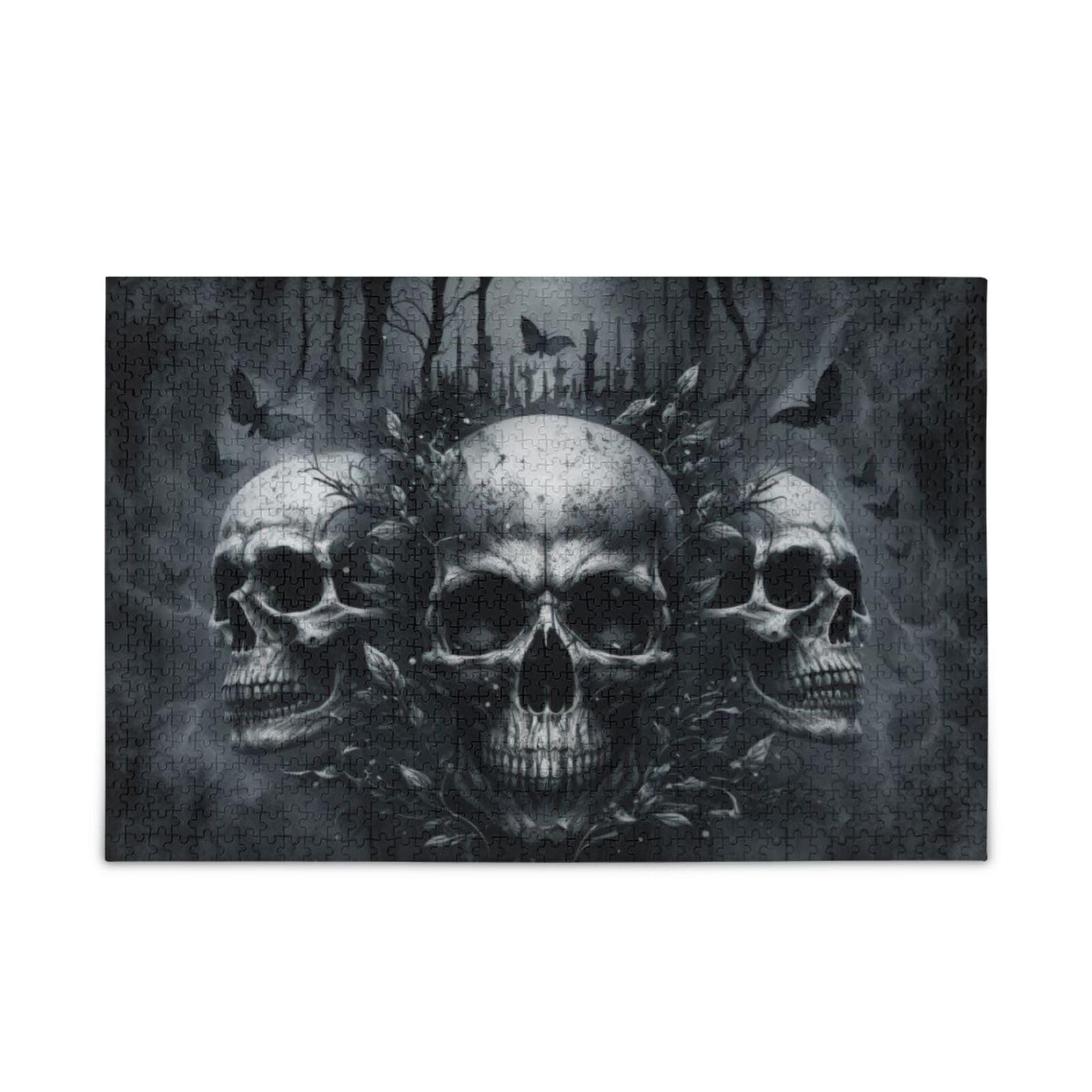 ZENWAWA Wooden Jigsaw Puzzle 1000 Pieces Three Skulls Print, Zigsaw with Alphabet Partition Storage Bag Easy to Solve for Adults