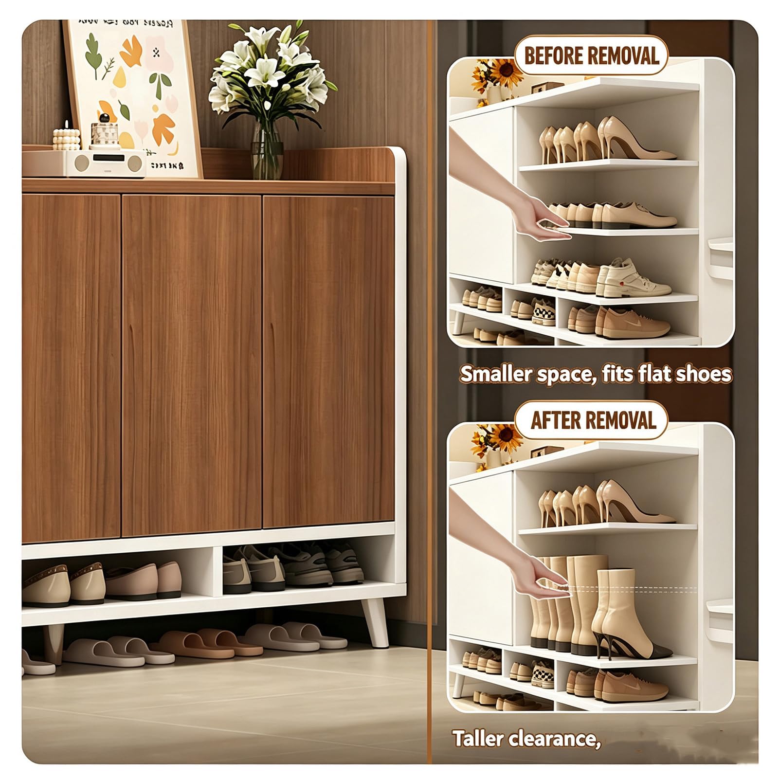 Armadio Scarpiera Legno 4 Livelli Cassetto, Ripiani Regolabili