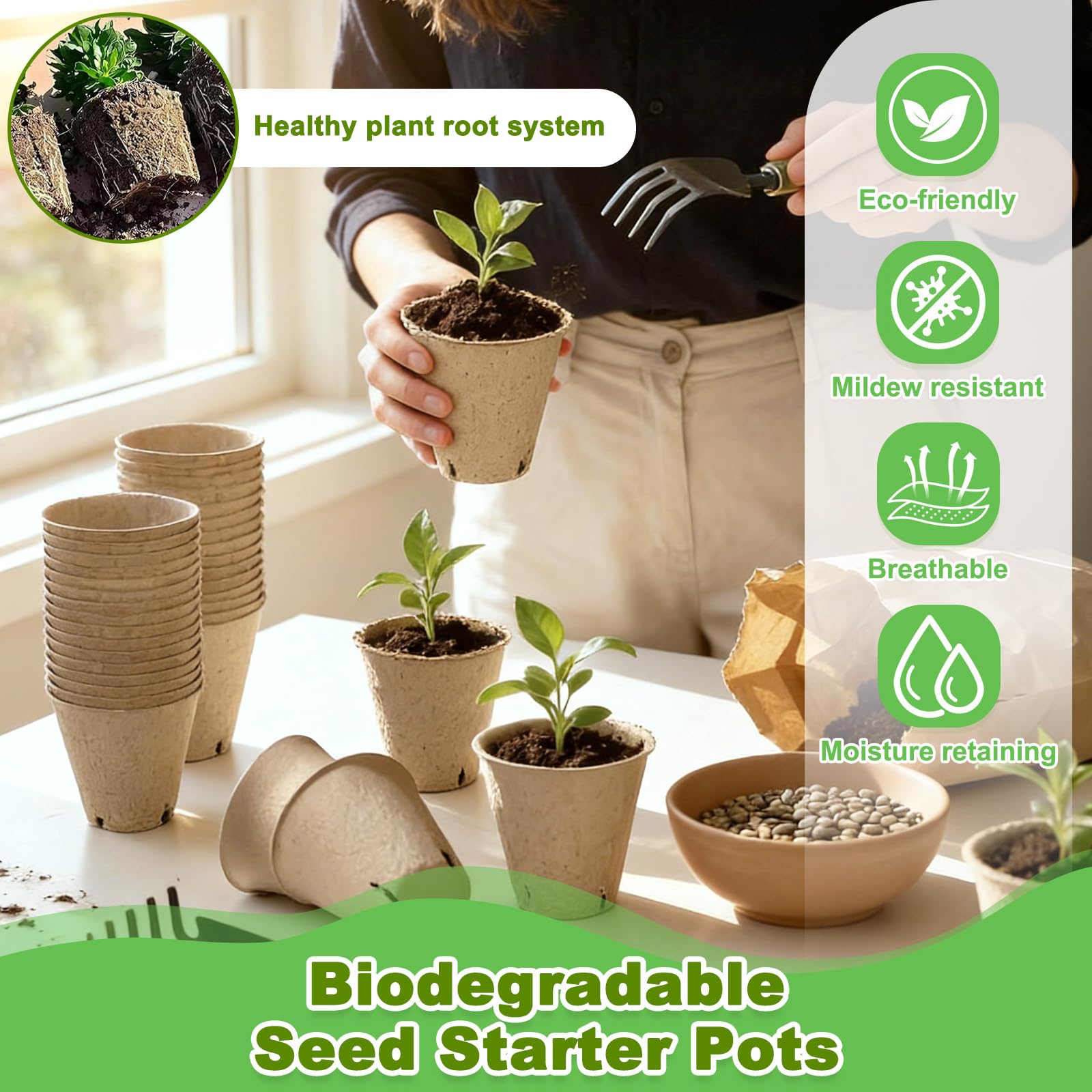 Piccoli vasi per piantine, 120 vasi per piante, contenitori compostabili rotondi da 3,1 pollici per piantine, germogli da giardino all'aperto (include 20 etichette per piante)
